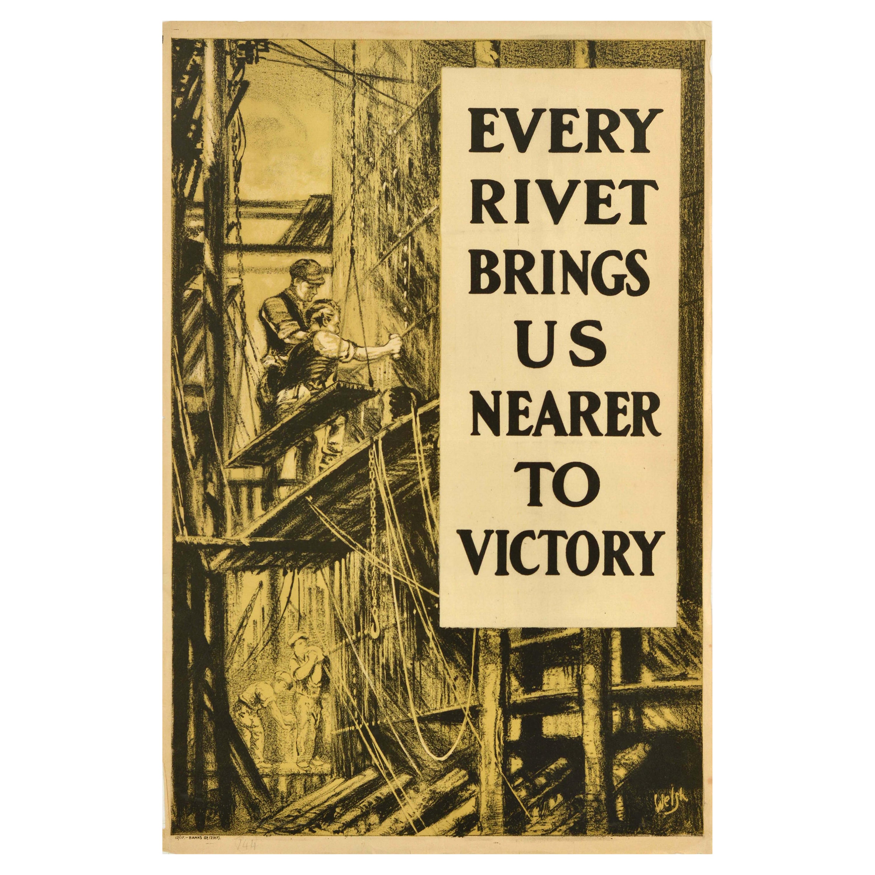 Original Antikes Original-Poster aus dem Ersten Weltkrieg, „Home Front Poster“, Jedes Rivet bringt uns näher zum Sieg