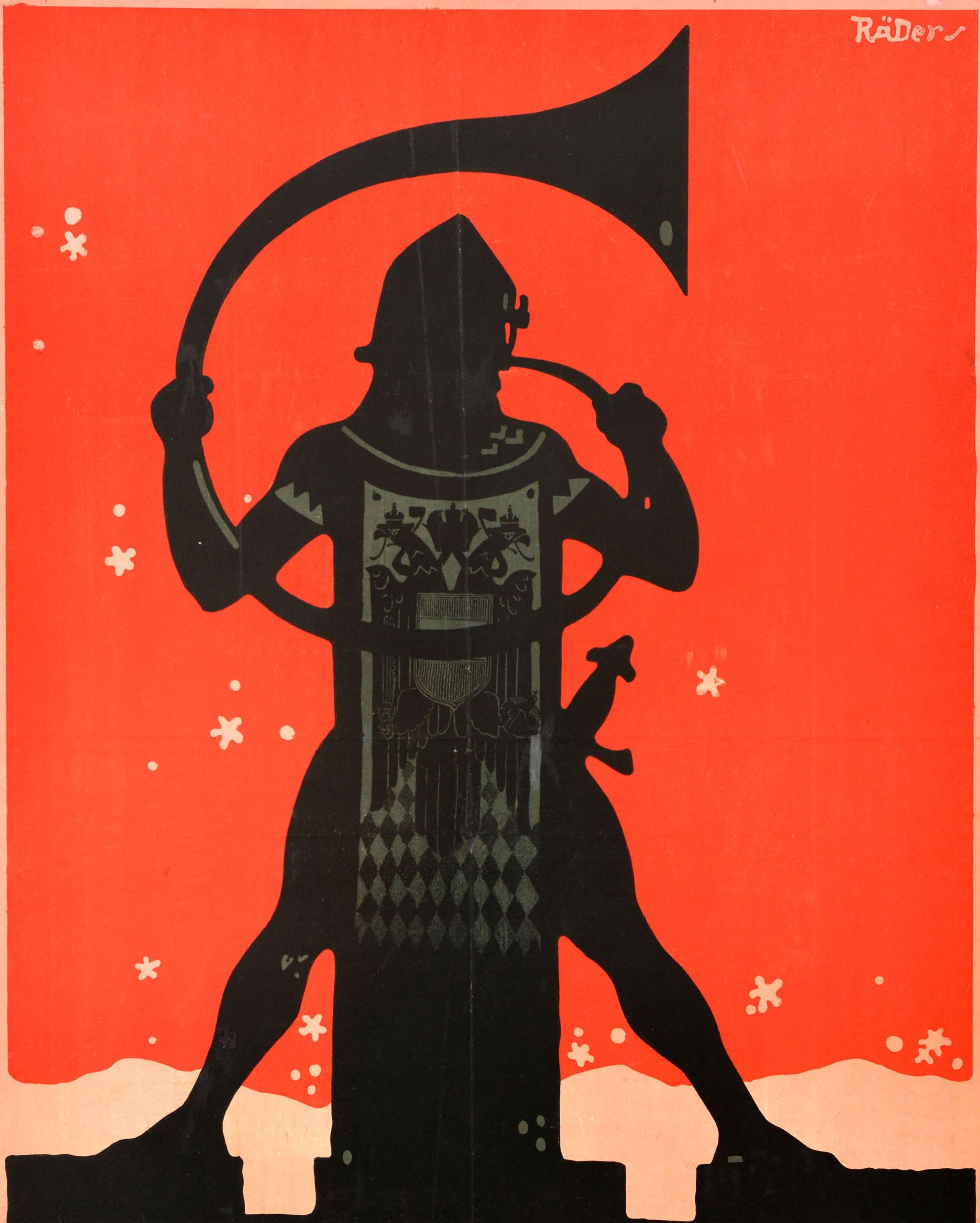 Original antique World War One war bond poster for the 7th Austrian War Loan draw / Zeichnet 7. Oesterr. Kriegsanleihe featuring a Silhouette of a soldier playing a Horn with snow falling on the red background, a sword on his side and the coat of
