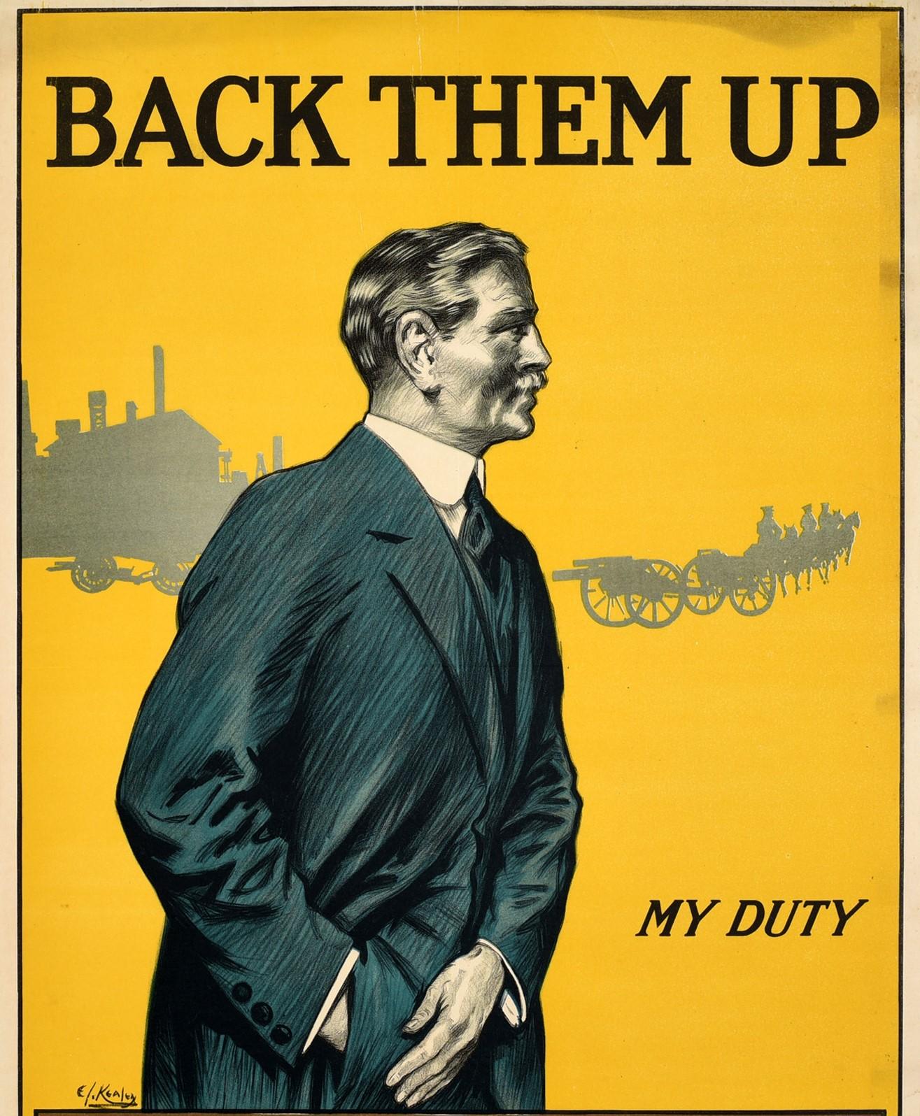 British Original Antique WWI Poster Back Them Up Invest In The War Loan My Duty Finance