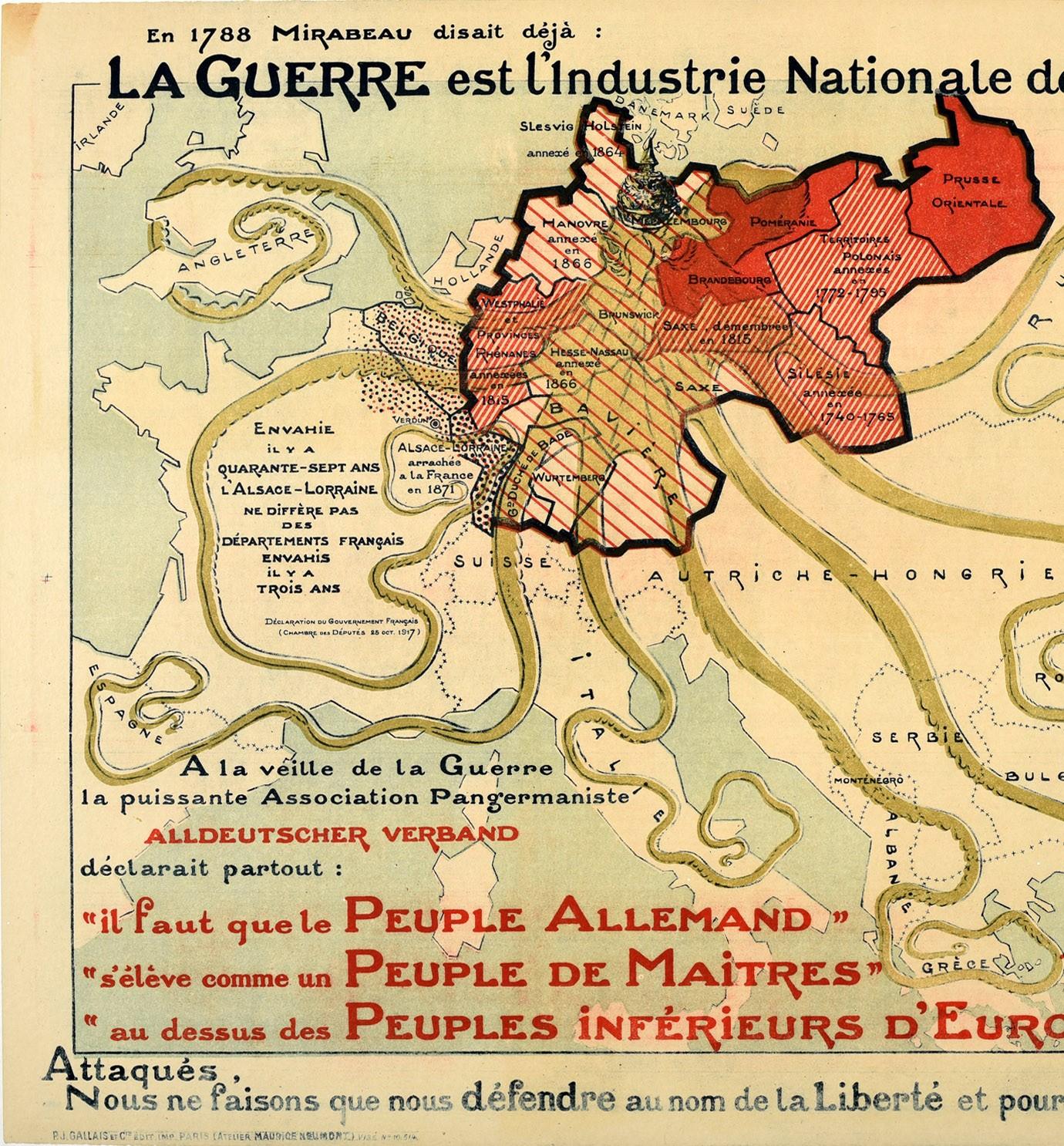 Original antique World War One map poster portraying Prussia as an octopus stretching its tentacles over Europe with illustrations of soldiers on the side and the text above reading - En 1788 Mirabeau disait deja: La Guerre est l'industrie Nationale