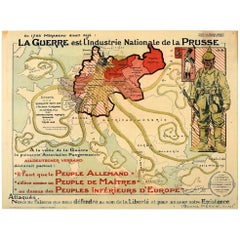Original Antique WWI Poster Map War Is The National Industry Of Prussia Octopus
