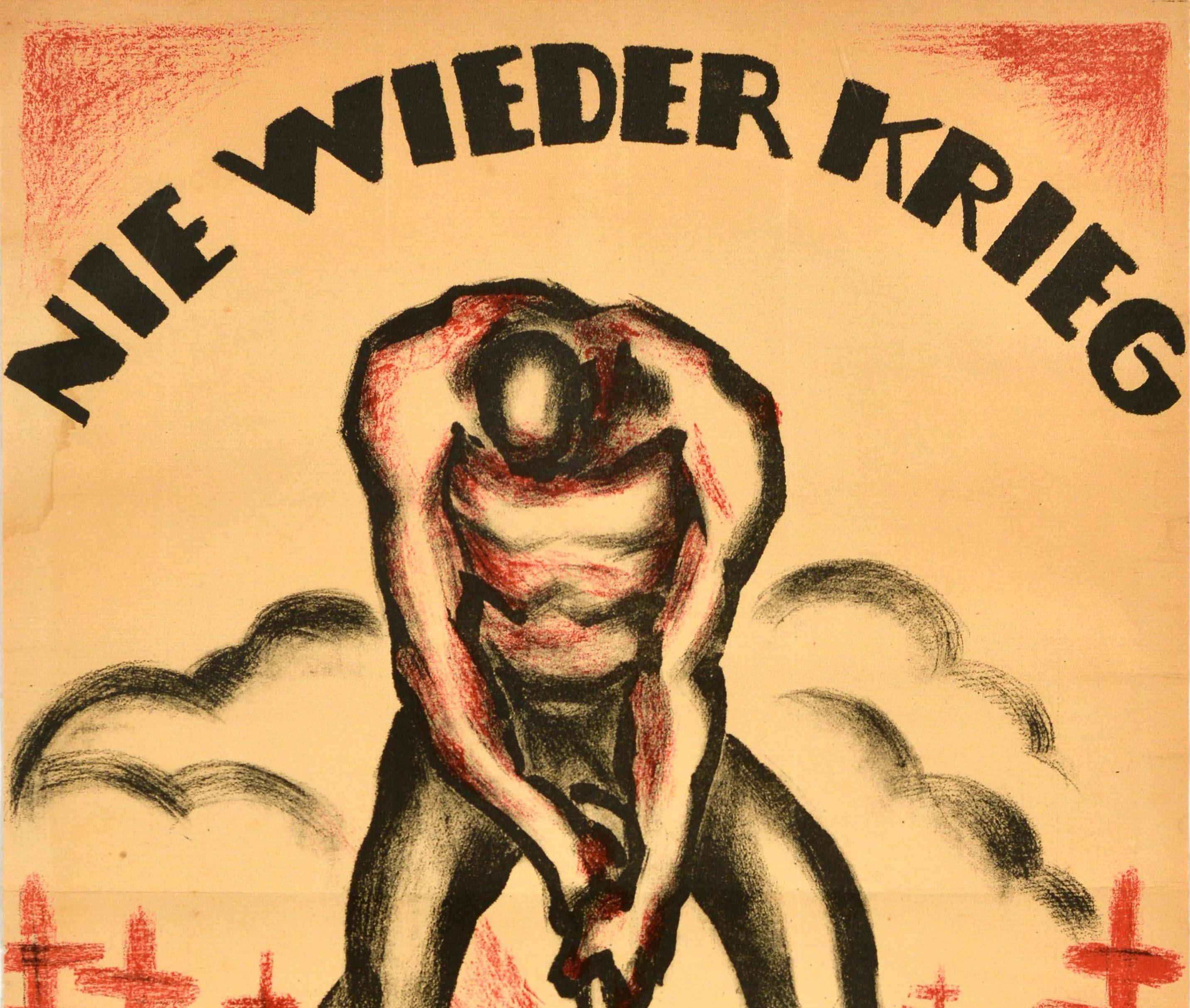Original antique World War One poster - Nie Wieder Krieg / Never Again War - featuring a dynamic illustration in black and red depicting a man in black trousers bending over and smashing a cannon with the red strikes radiating out in front of red