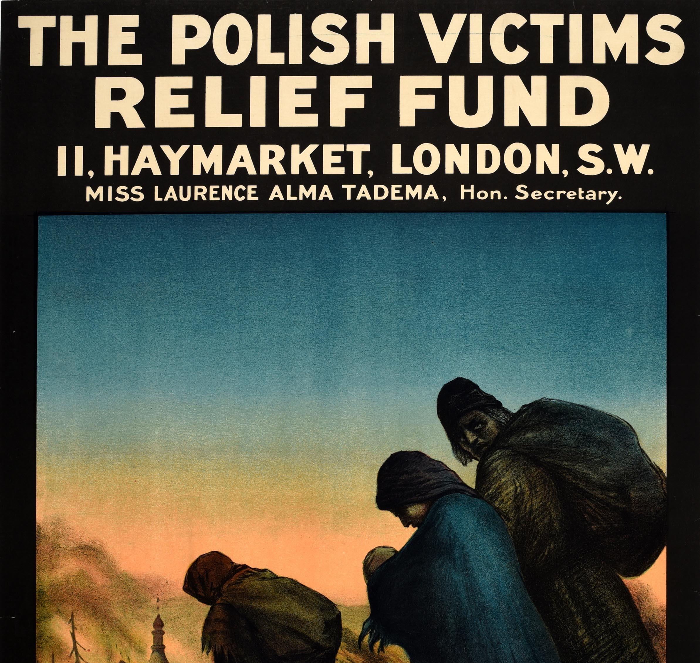 Original antique World War One fundraising poster for The Polish Victims Relief Fund featuring an image of refugees in ragged clothing holding their belongings, walking through the mud past a fire in a burning church and bare trees, a lady carrying
