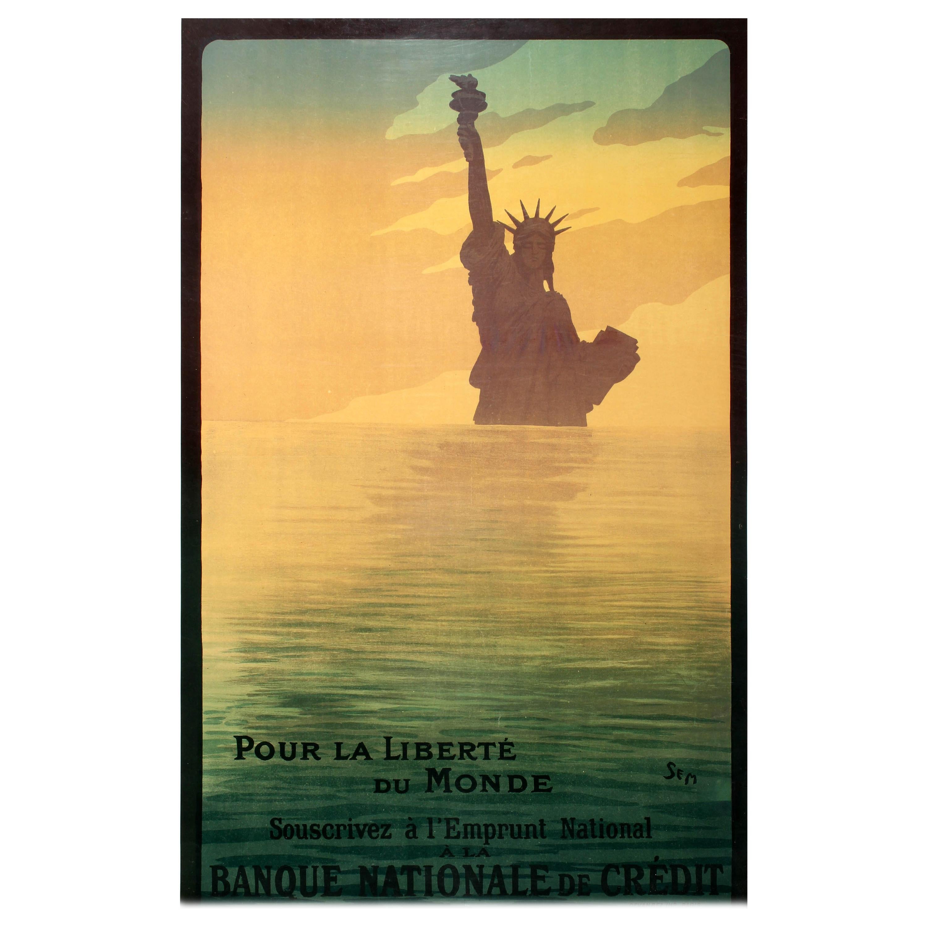 Original Antique WWI Poster Pour La Liberte Du Monde Statue of Liberty War Loan