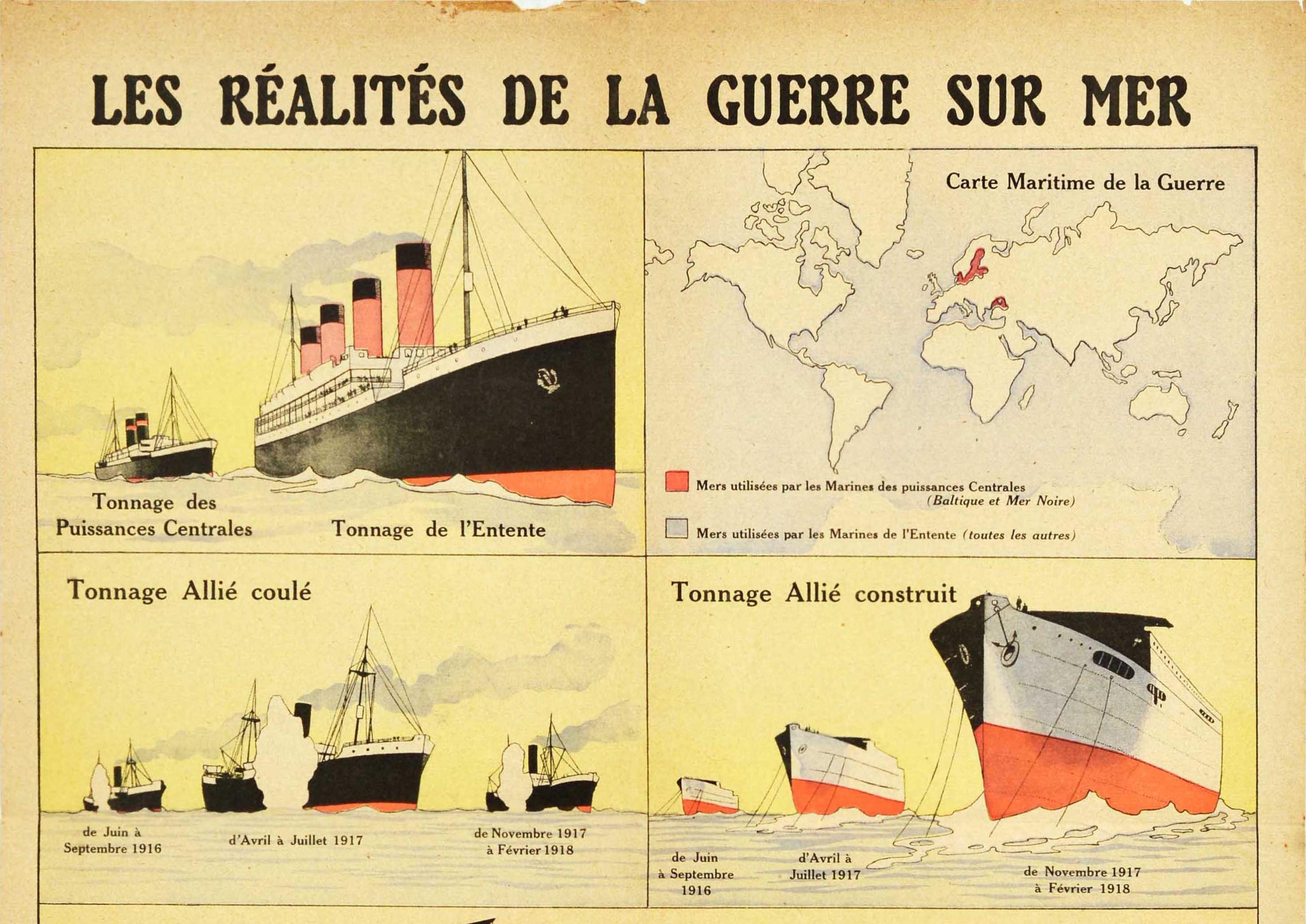 Original antique World War One poster - The Realities of War at Sea / Les Realites de la Guerre Sur Mer - depicting images of military ships and submarines with a maritime map of the war / Carte Maritime de la Guerre marking the Baltic Sea and Black