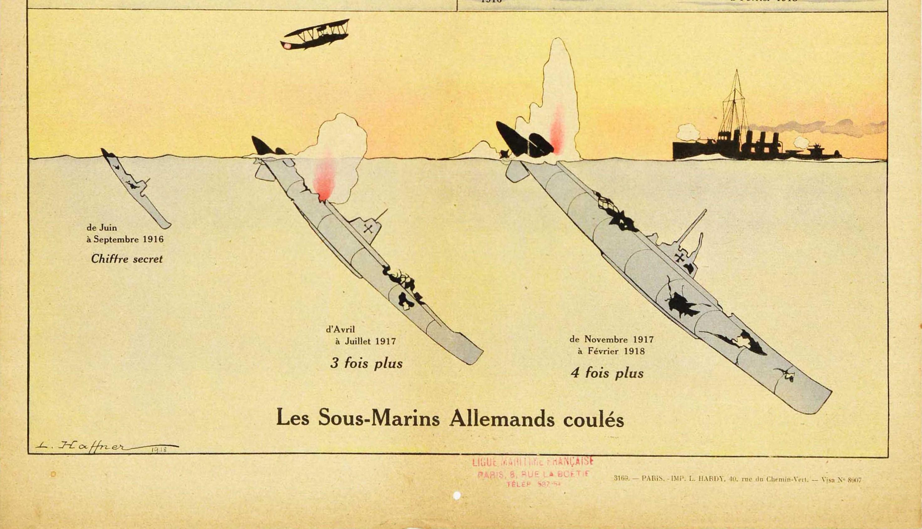 Français Original Antique WWI Poster Reality Of War At Sea Ship Submarine Guerre Sur Mer en vente