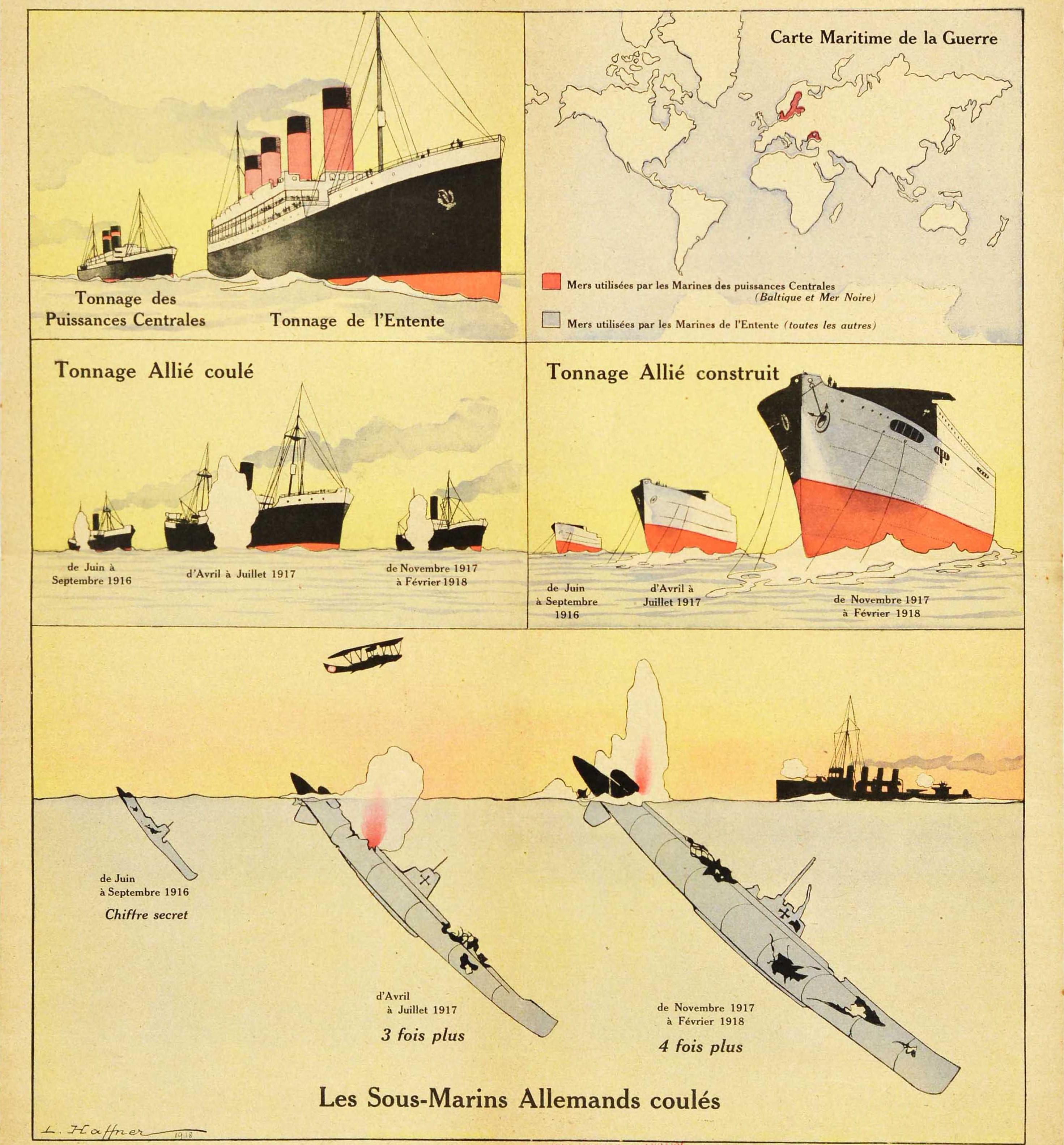 Original Antique WWI Poster Reality Of War At Sea Ship Submarine Guerre Sur Mer In Fair Condition For Sale In London, GB