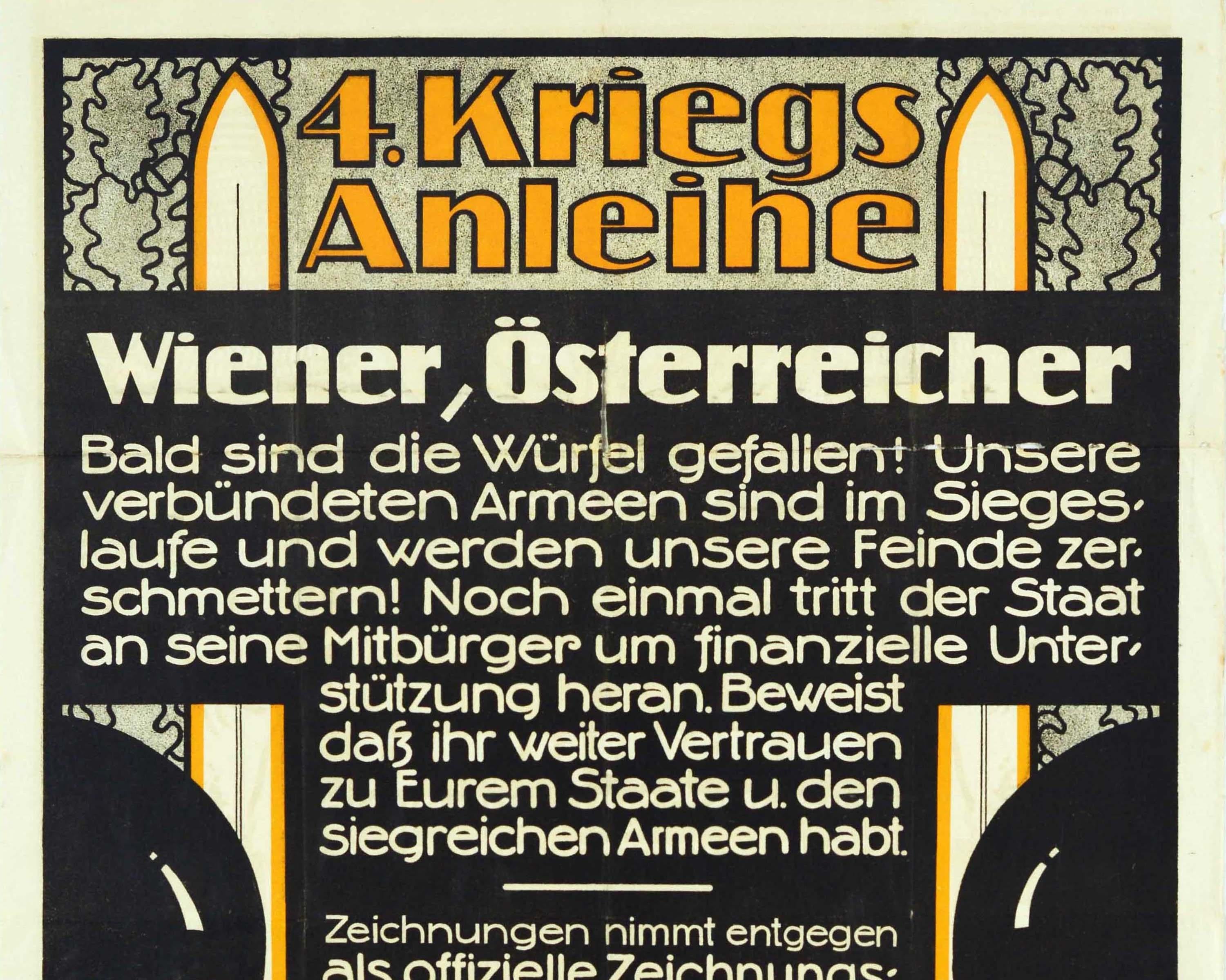 Originales antikes Plakat für die 4. Kriegsanleihe aus Wien, Österreich, mit einer großartigen Illustration zweier Soldaten in Rüstungen, die sich gegenüberstehen und Schwerter halten, dazwischen stilisierte Schriftzüge in Orange und Weiß auf