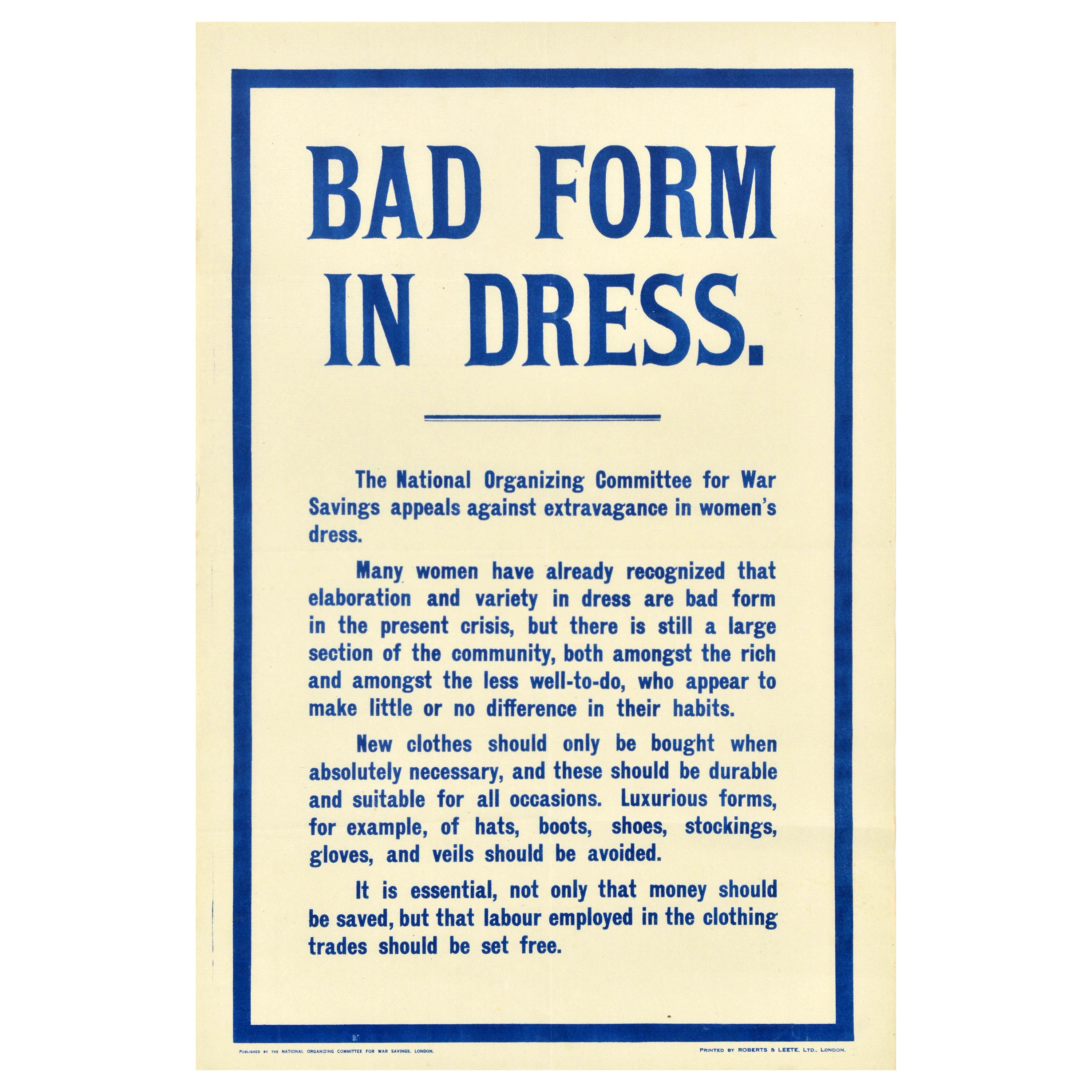 Original Antique WWI Propaganda Home Front Poster Bad Form In Dress War Savings