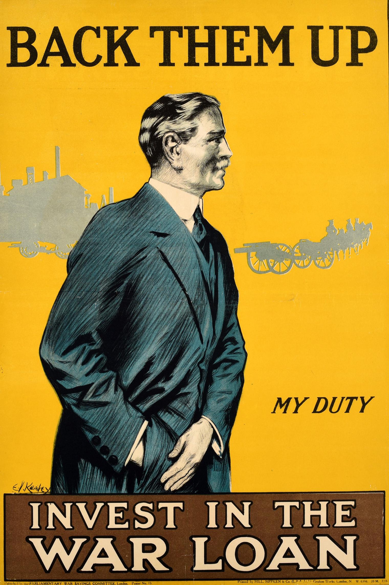Cartel de propaganda original antiguo de la Primera Guerra Mundial - Apóyalos Invierte en la guerra Presta mi deber - con un gran diseño que representa a un hombre de negocios con un elegante traje metiendo la mano en el bolsillo sobre un fondo