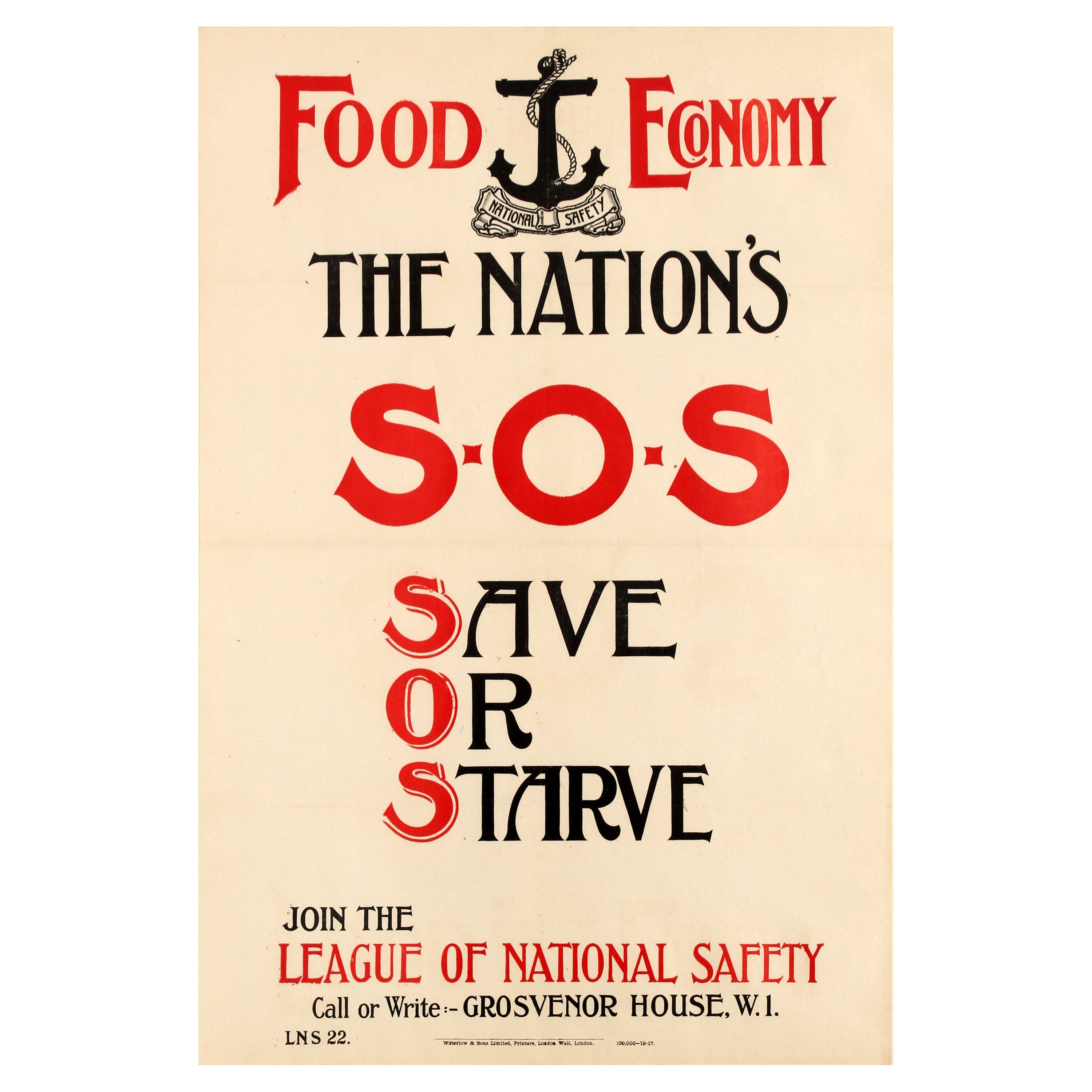 Original Antique WWI Propaganda Poster Save Or Starve SOS Food Economy Safety