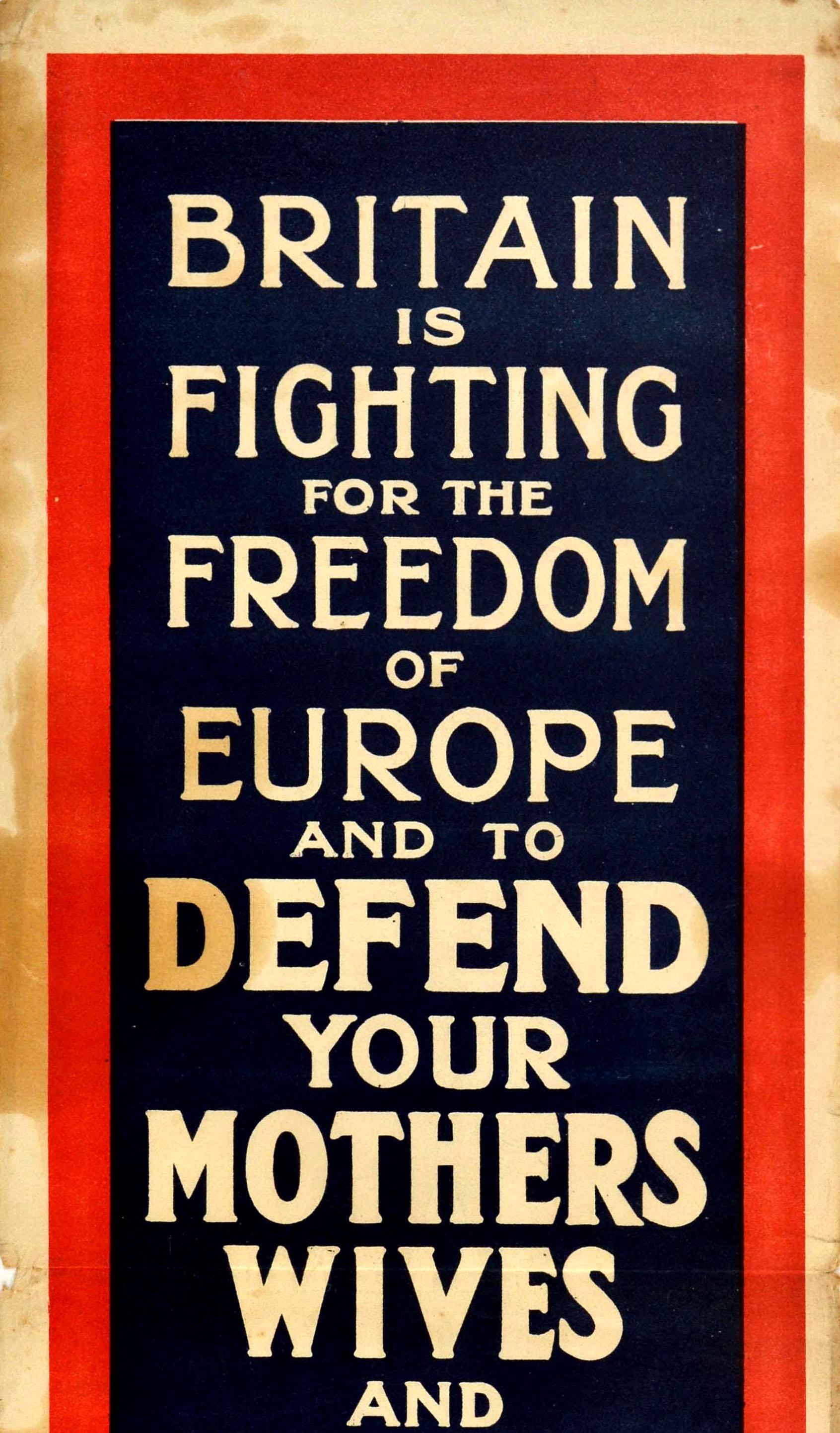 British Original Antique WWI Recruitment Poster Britain Fighting For Freedom Of Europe For Sale