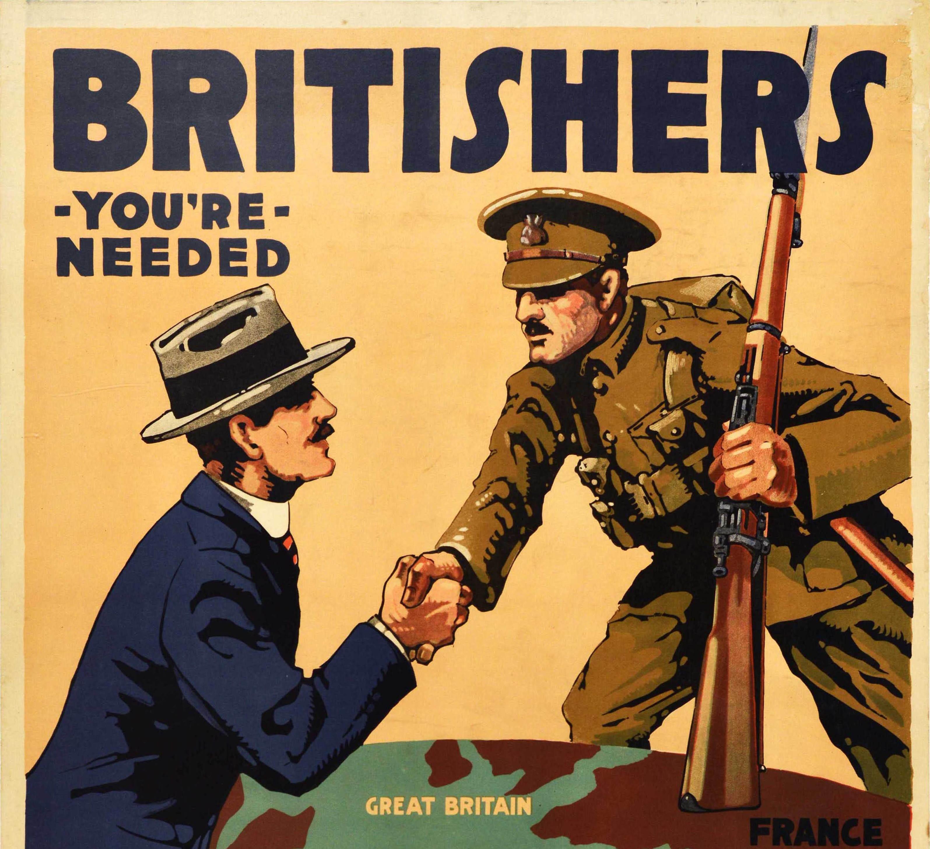 Original antique World War One recruitment poster - Britishers You're Needed Come Across Now - featuring an image on a globe map depicting a soldier holding a rifle in Europe (Great Britain / France) stretching a hand across the Atlantic Ocean to