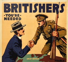 Original Antikes Original WWI-Rekrutierungsplakat Britishers You're Needed Come Across Now