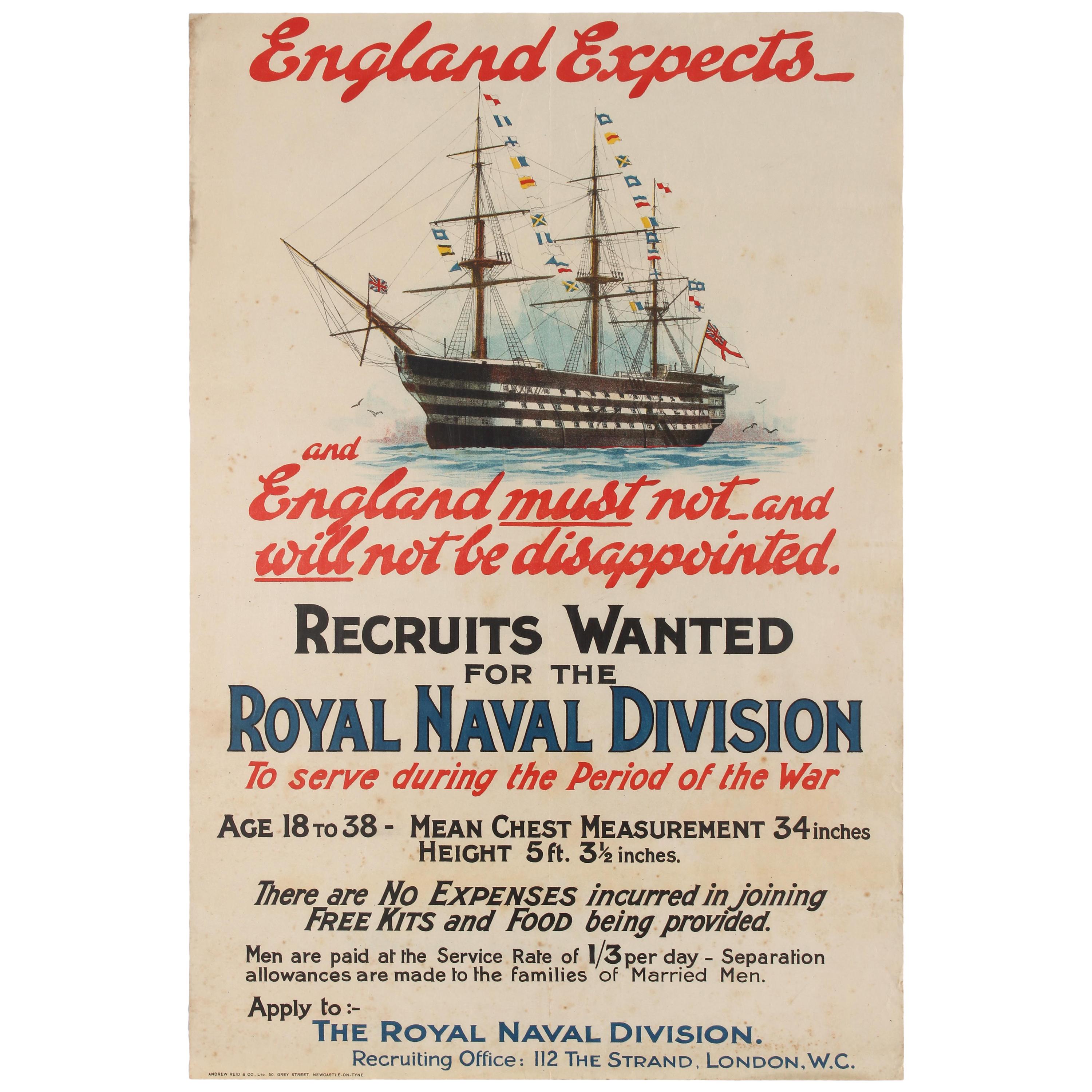 Original Antique WWI Royal Navy Recruitment Poster England Expects HMS Victory