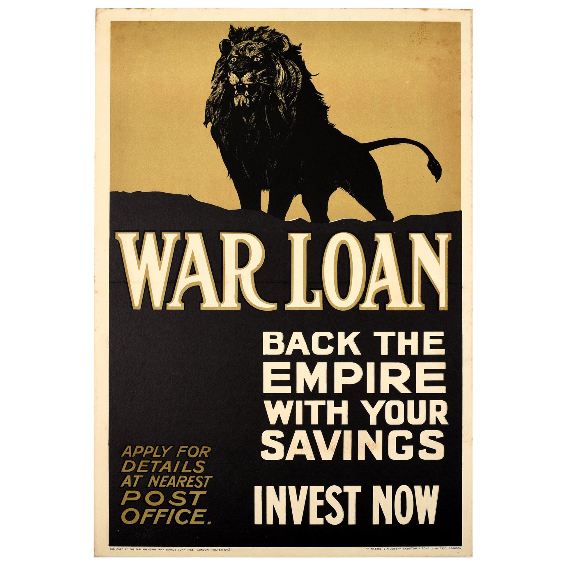 Original Antique WWI War Loan Poster Back The Empire Invest Now UK Lion Design