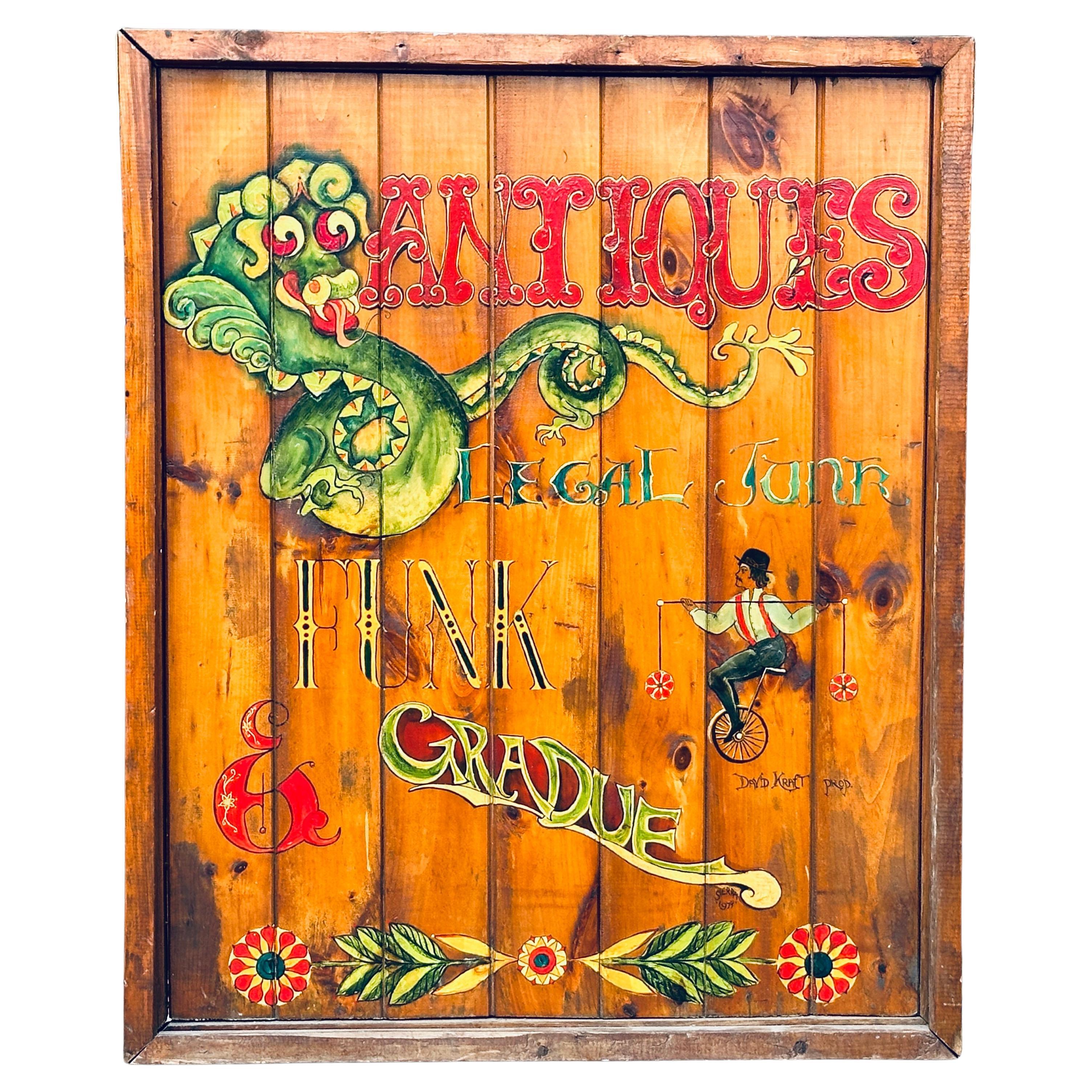 Tienda de antigüedades original Cartel de madera pintado a mano con dragón y monociclo