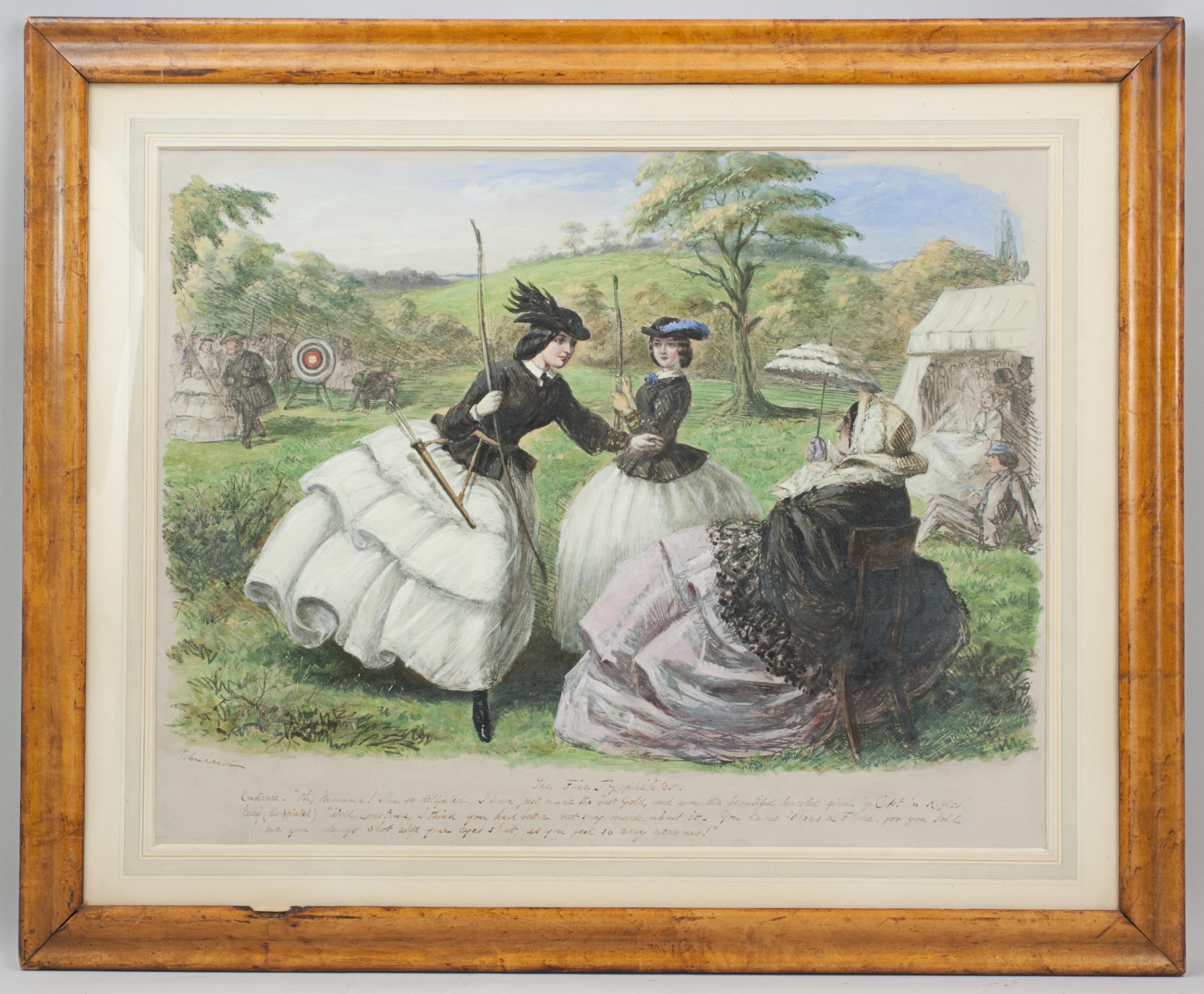 Original John Leech Archery Oil Painting, The Fair Toxopholites.
A fine original archery oil by John Leech titled 'The Fair Toxopholites', painted for his series of social scenes. This was used for the chromolithograph published by Thos. Agnew &