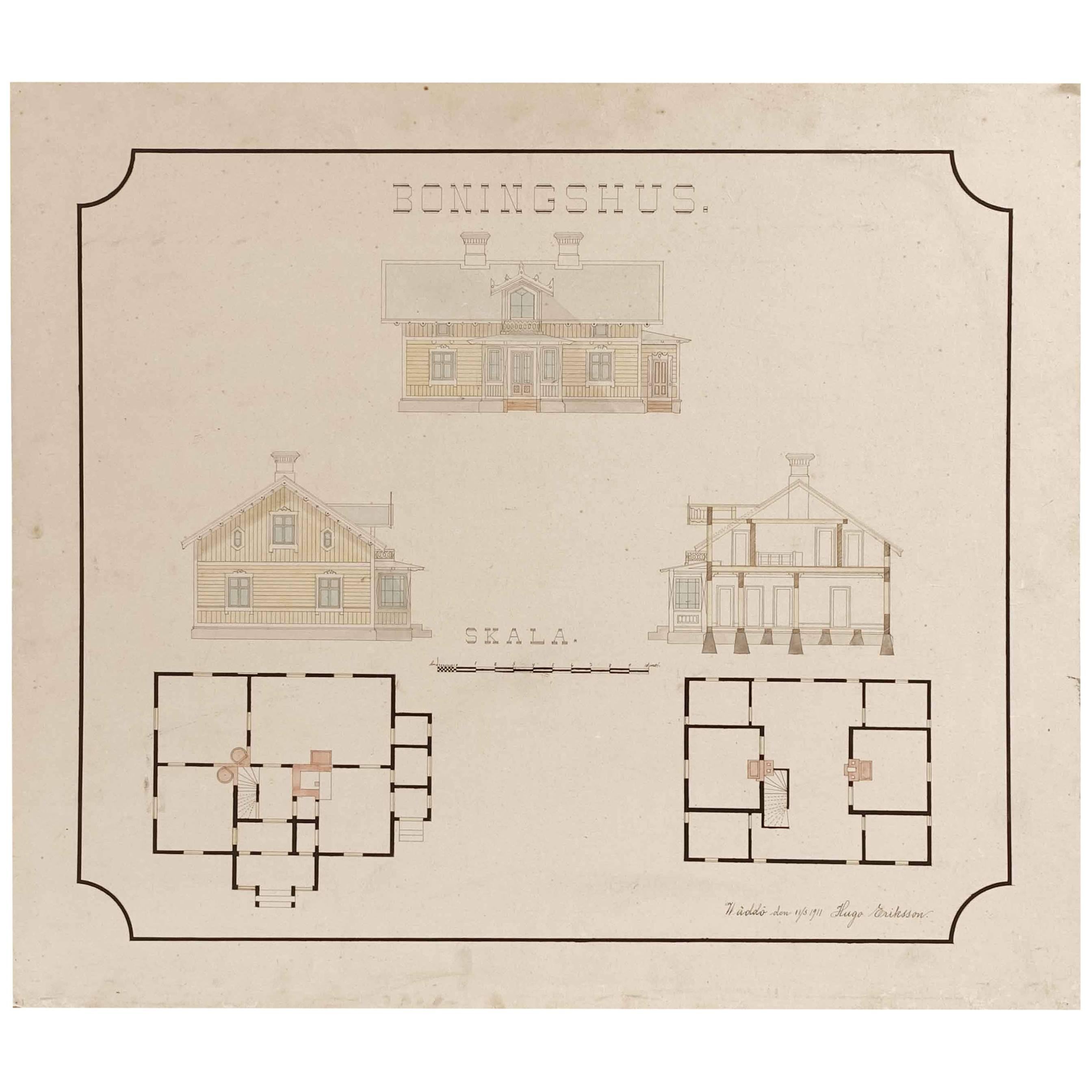Original Architectural Drawing from Sweden, 1911 For Sale