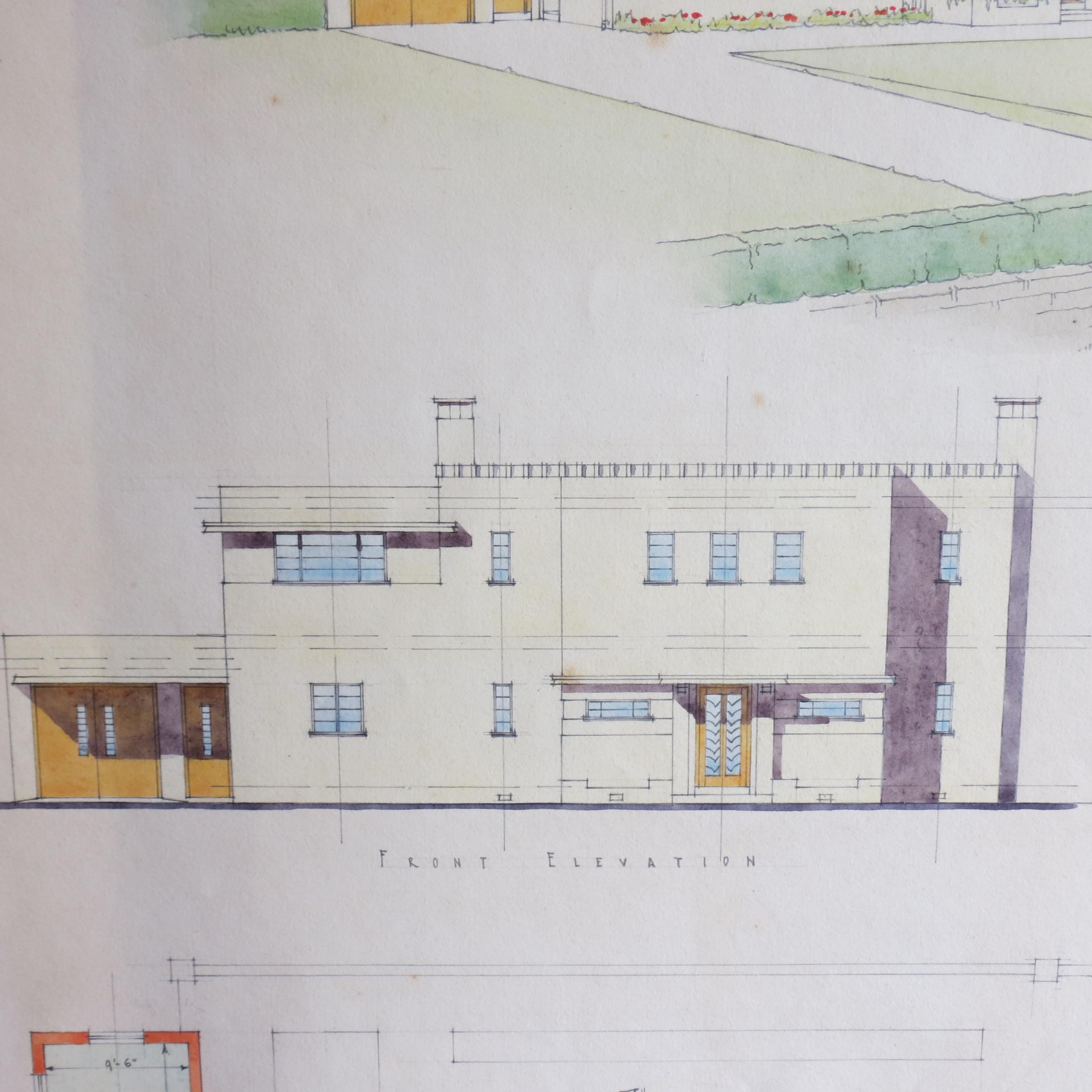 Hand-Painted Original Architectural Drawing of Modernist House Plans, 1934