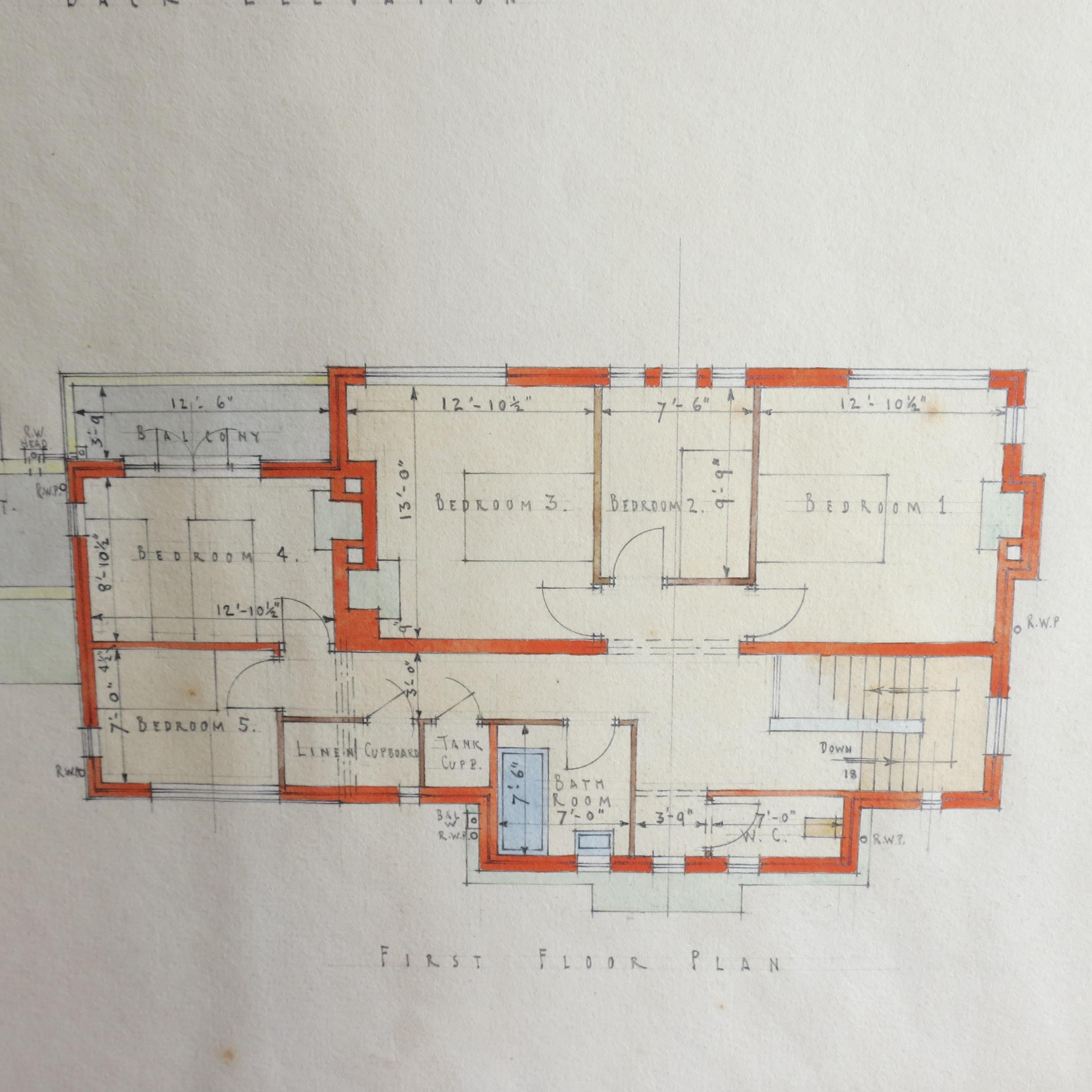 Paper Original Architectural Drawing of Modernist House Plans, 1934