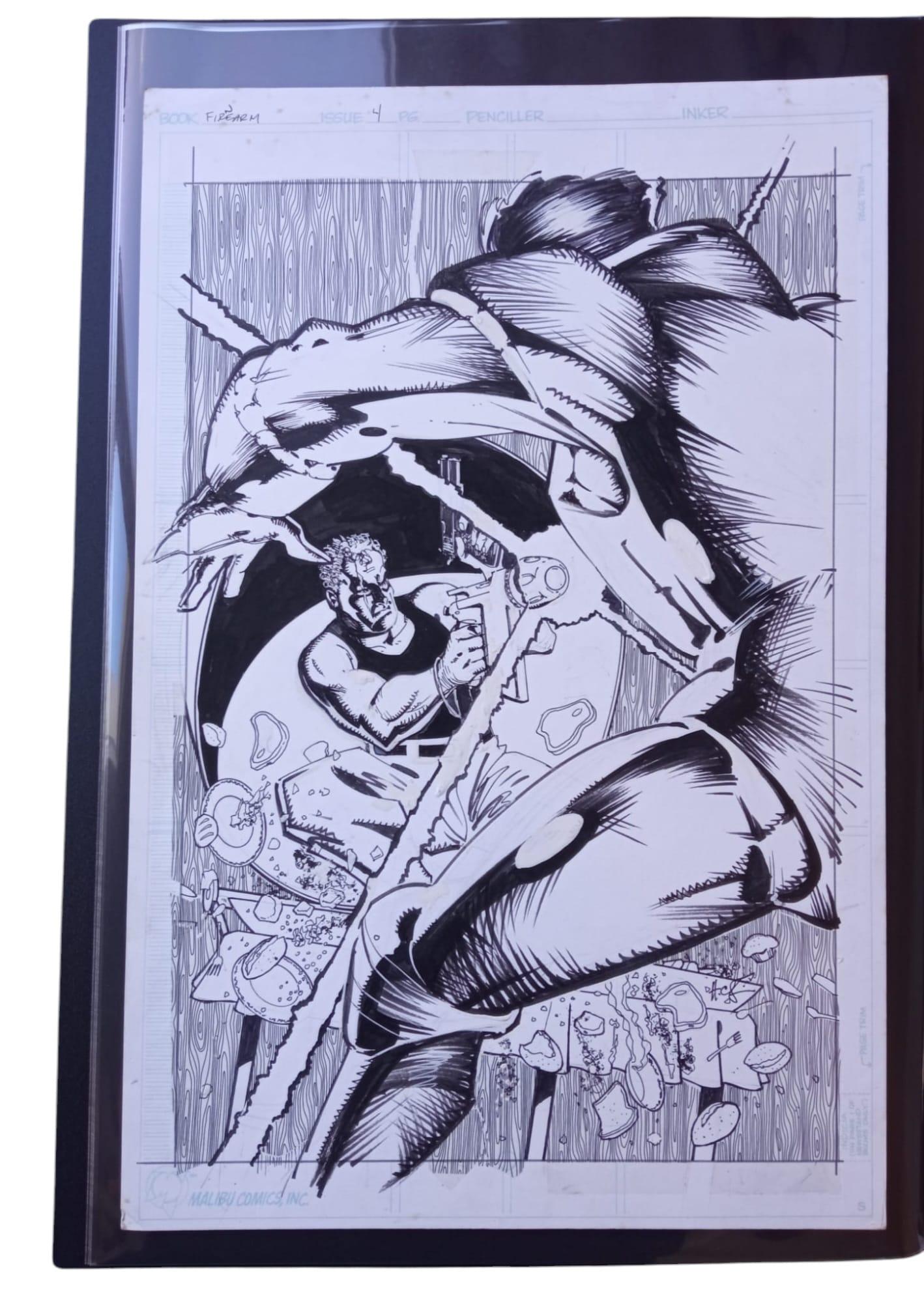 An exceptional piece of comic book history, this original cover art for Firearm #4 is signed by the legendary artist Howard Chaykin. Known for his innovative storytelling and distinctive artistic style, Chaykin's work on this piece is a collector's