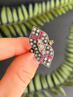 Original Art Deco 18ct Gold Ruby & Diamond Navette / Marquise Ring