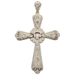 Original Art Deco 18 Karat Gold and Platinum Diamonds Cross
