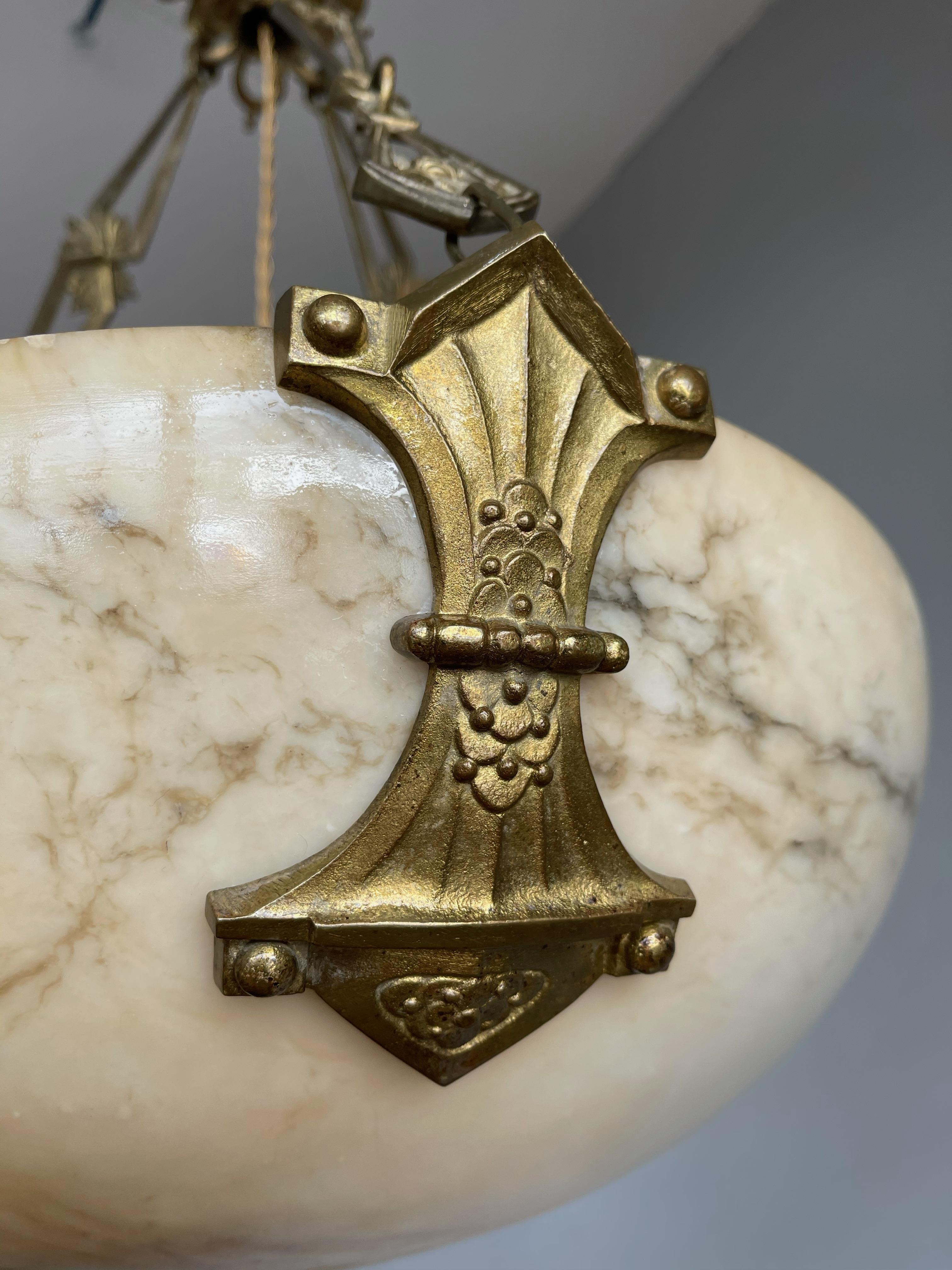 Original Art Deco Alabaster Pendant Light & Stunning Gilt Bronze Chain & Canopy 4