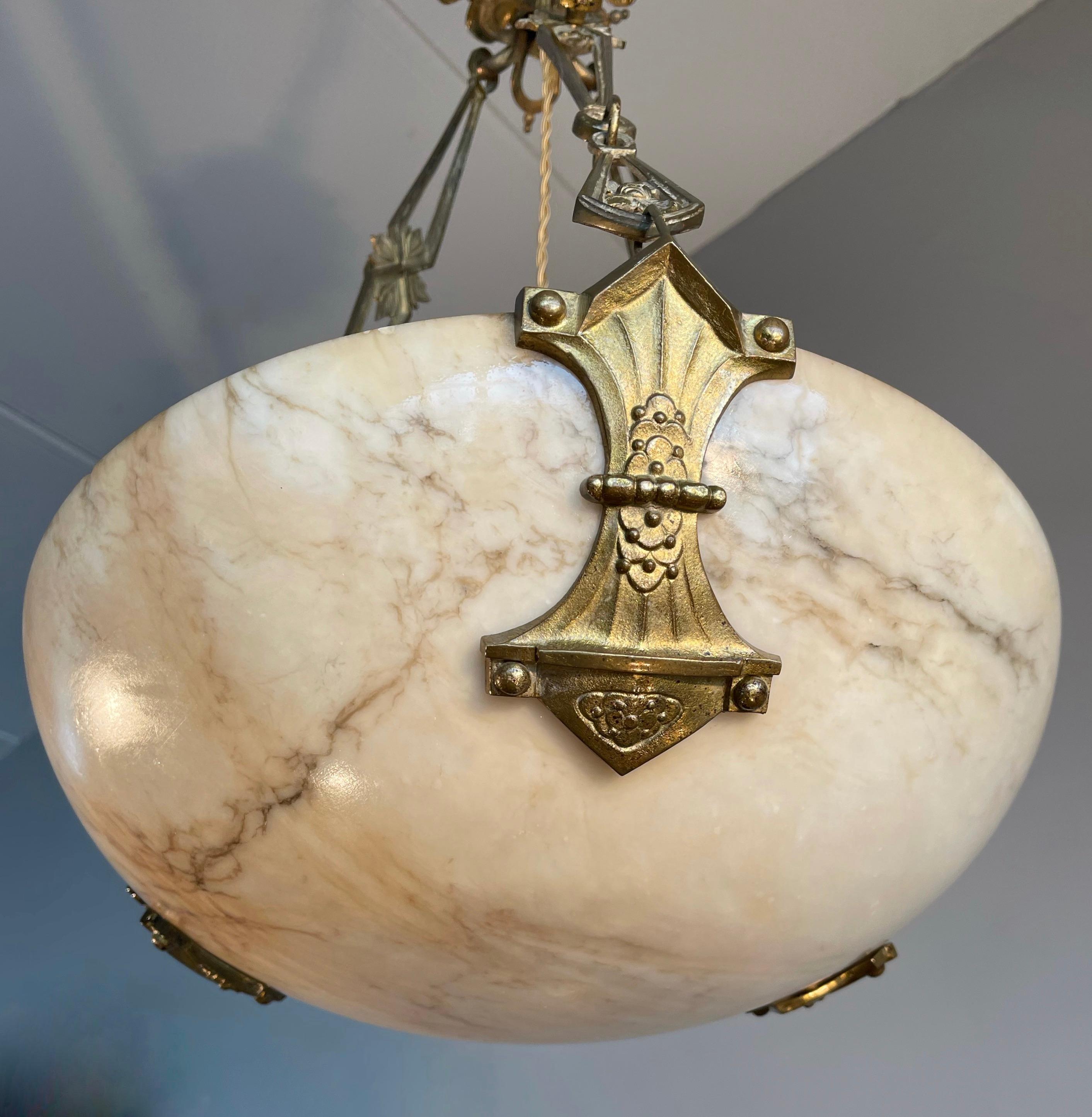 Original Art Deco Alabaster Pendant Light & Stunning Gilt Bronze Chain & Canopy 6