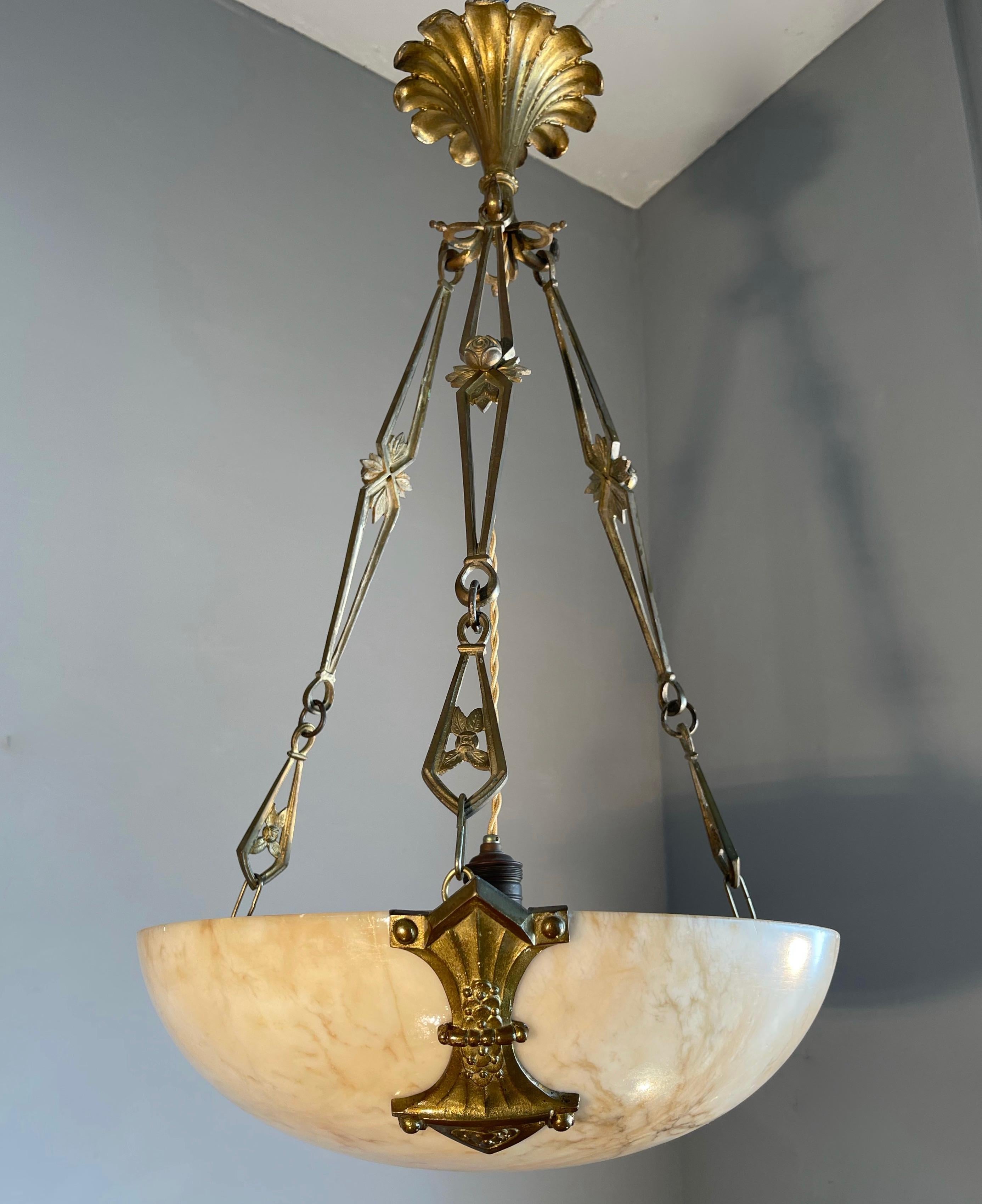 Original Art Deco Alabaster Pendant Light & Stunning Gilt Bronze Chain & Canopy 7