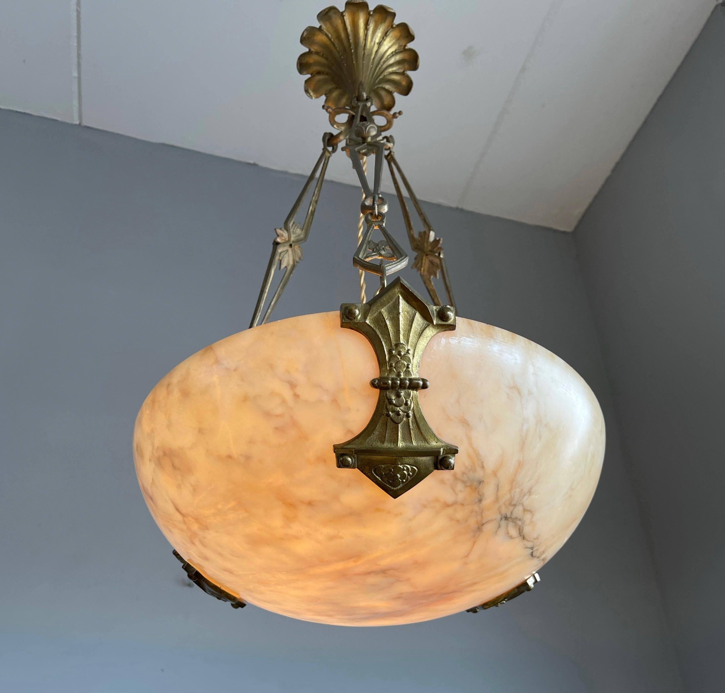 Original Art Deco Alabaster Pendant Light & Stunning Gilt Bronze Chain & Canopy 8