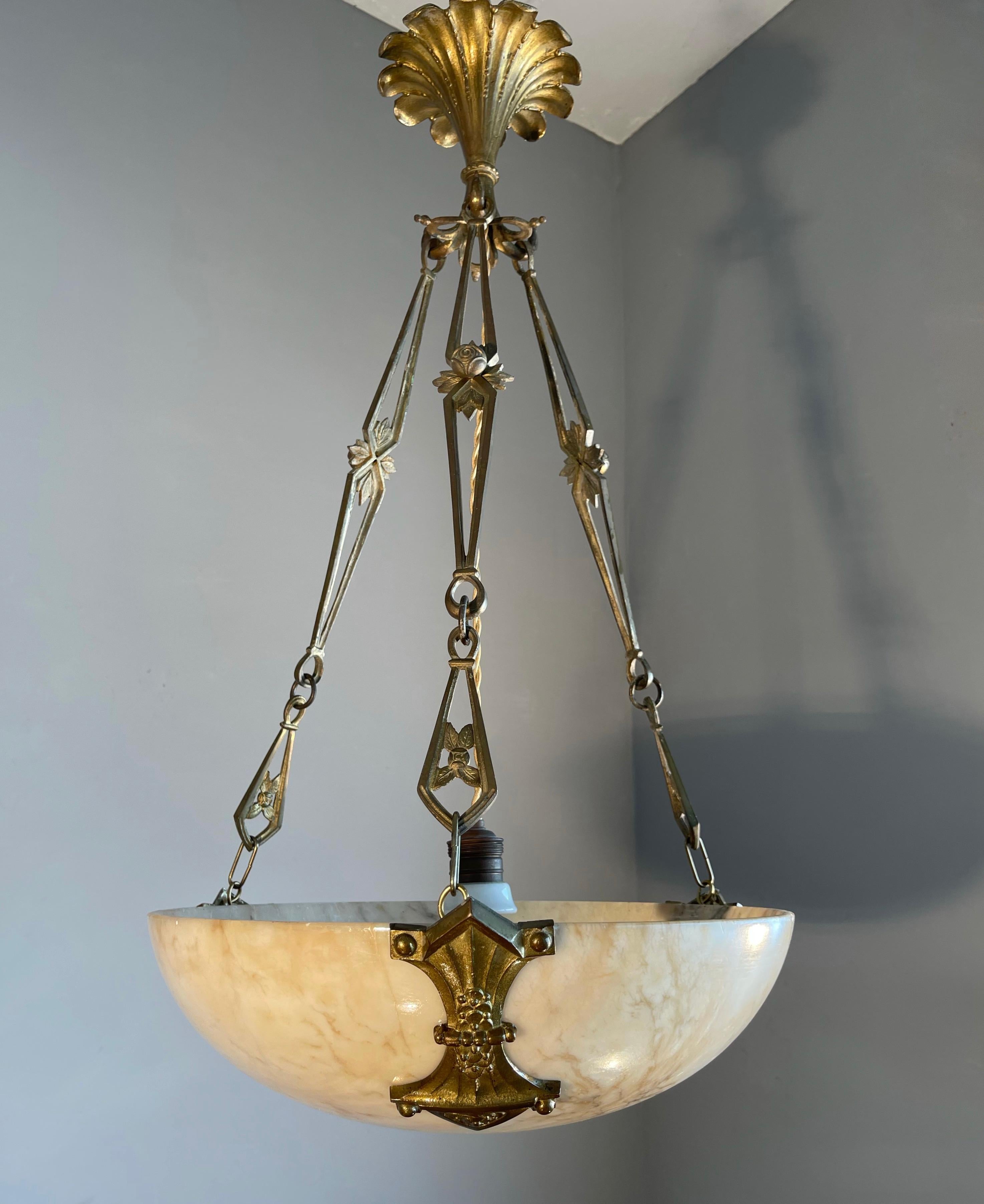 Original Art Deco Alabaster Pendant Light & Stunning Gilt Bronze Chain & Canopy 9