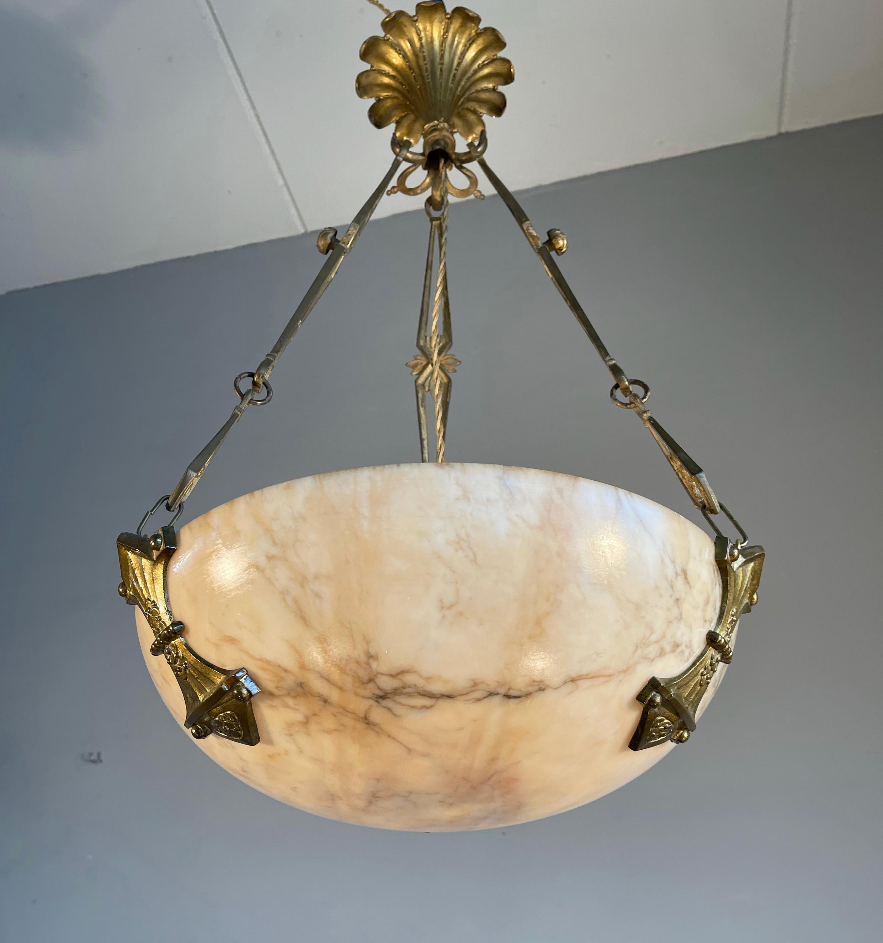 Original Art Deco Alabaster Pendant Light & Stunning Gilt Bronze Chain & Canopy 11