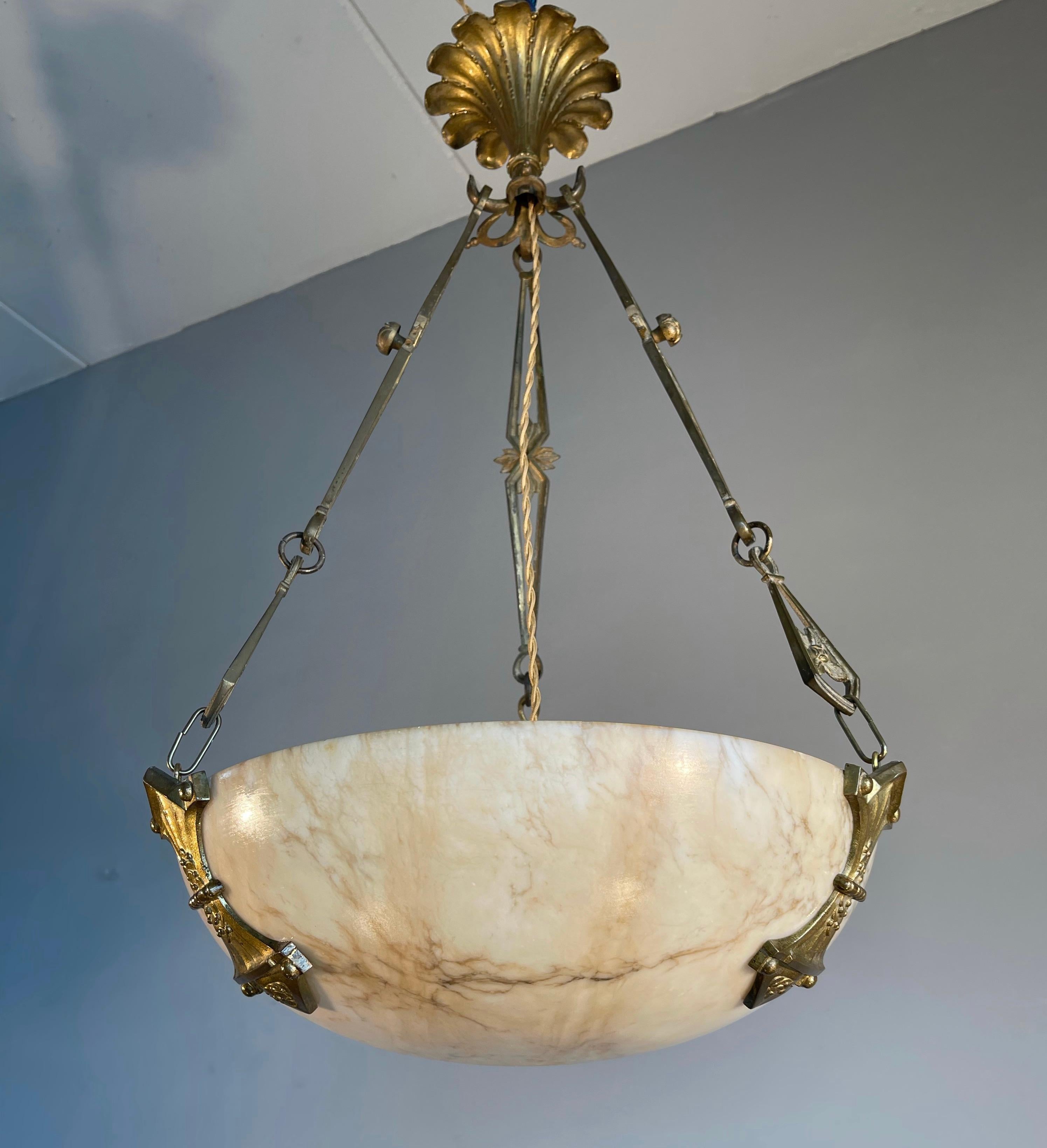 Original Art Deco Alabaster Pendant Light & Stunning Gilt Bronze Chain & Canopy 14