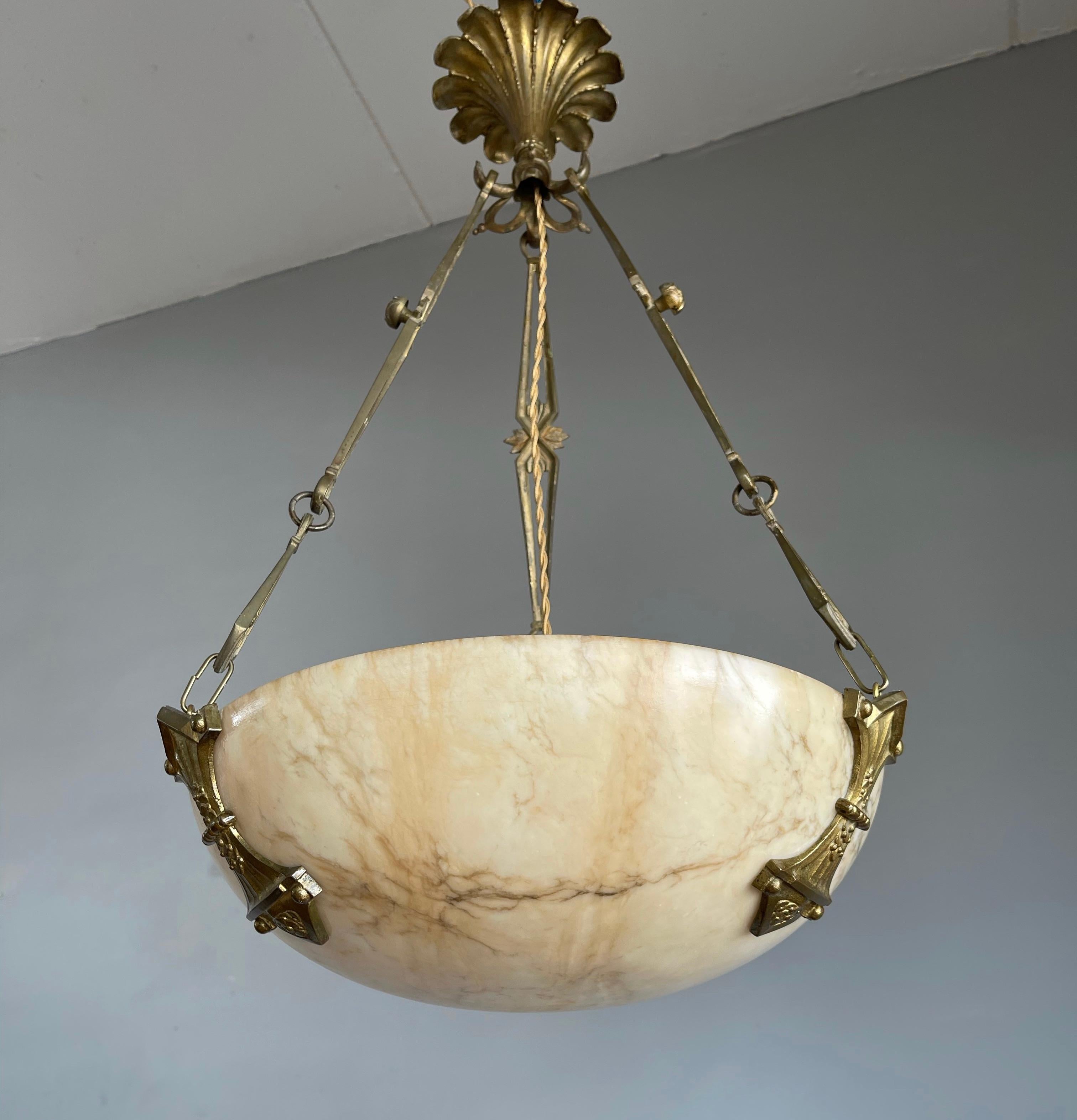 French Original Art Deco Alabaster Pendant Light & Stunning Gilt Bronze Chain & Canopy