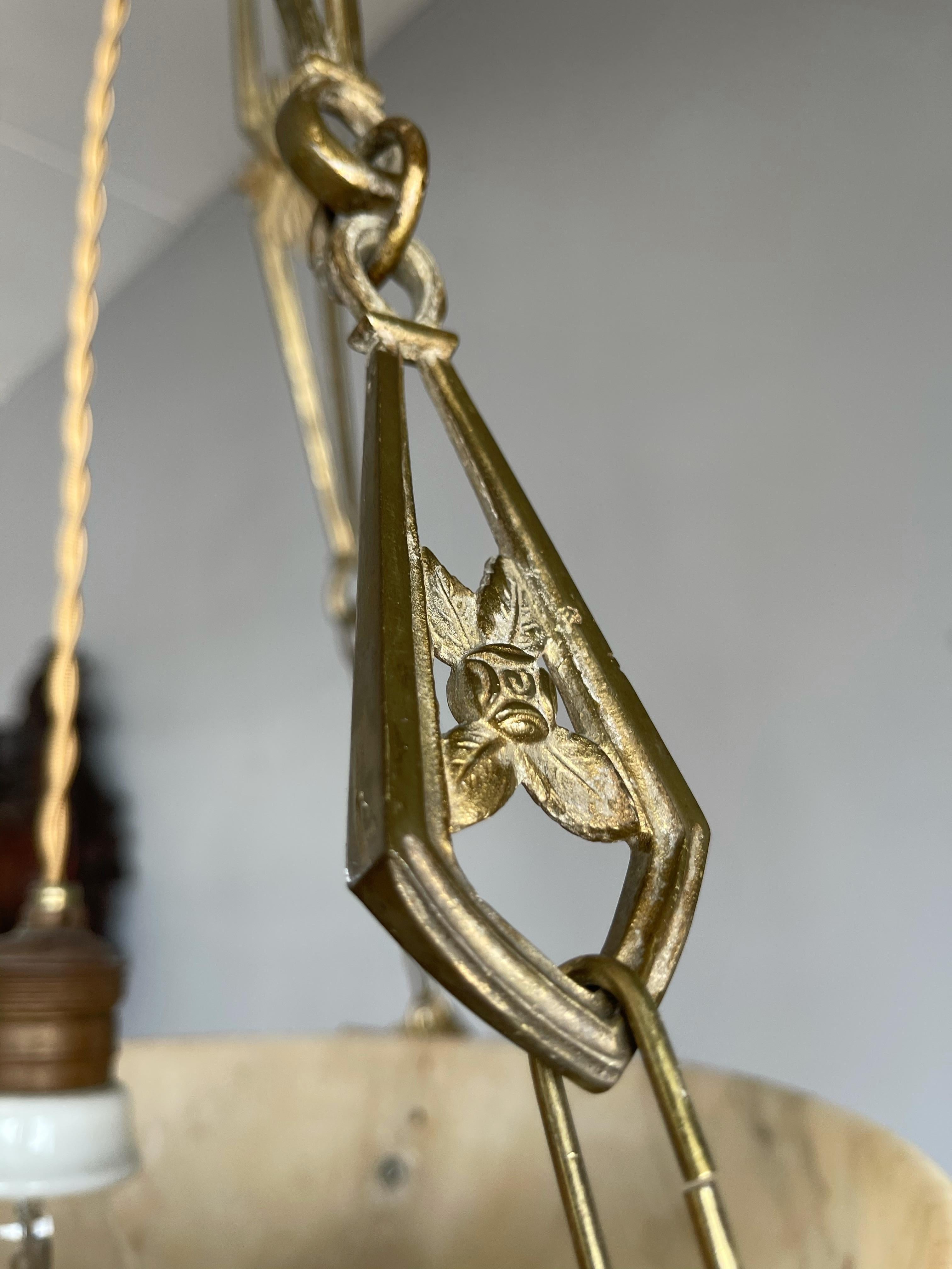 Original Art Deco Alabaster Pendant Light & Stunning Gilt Bronze Chain & Canopy 3