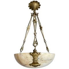 Original Art Deco Alabaster Pendant Light & Stunning Gilt Bronze Chain & Canopy