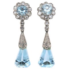 Antique Original Art Deco Aquamarine and Diamond Dangle Earrings
