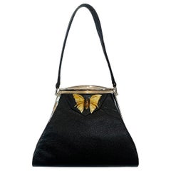Vintage Original Art Deco Black Leather Handbag Bag with Celluloid Butterfly ornament 