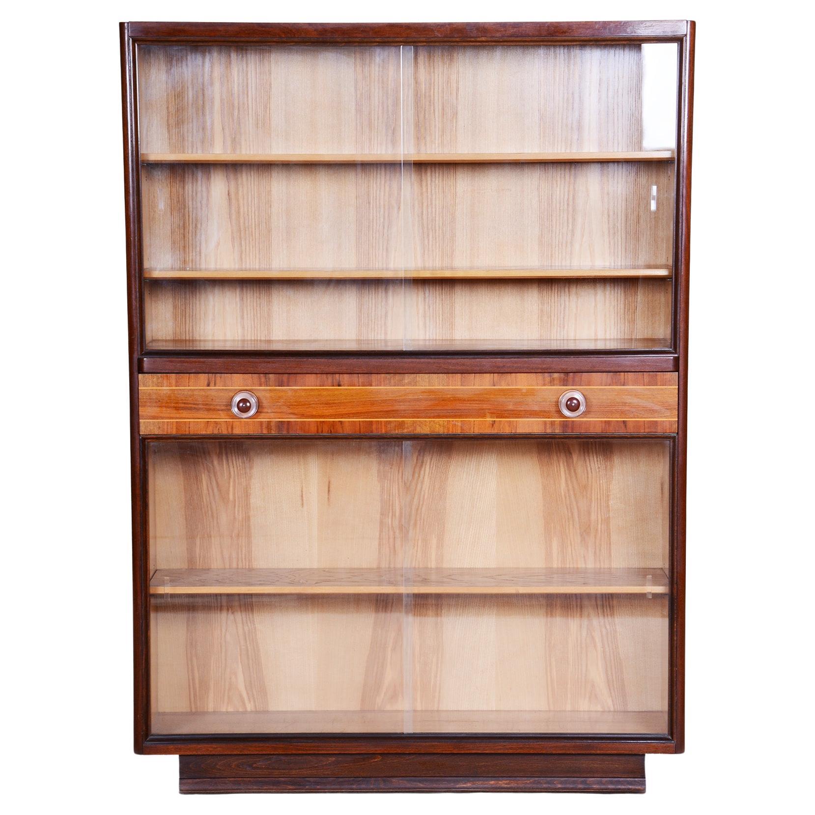 Original Art Deco Bookcase, Ash, Mahogany, Revived Polish, Czech. 1940s