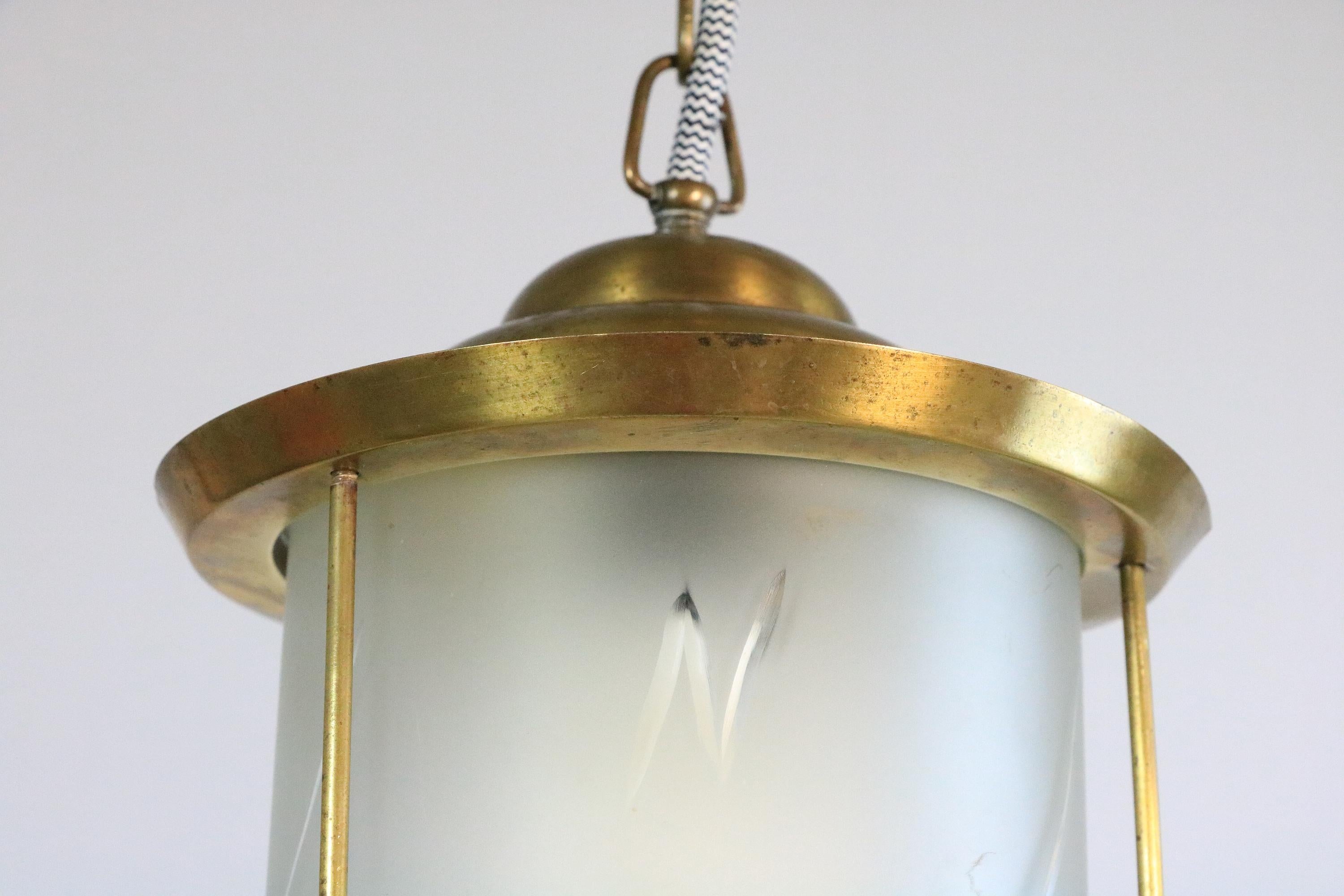 Original Art Deco Brass / Glass Lantern Hanging Light, 1920s For Sale 5