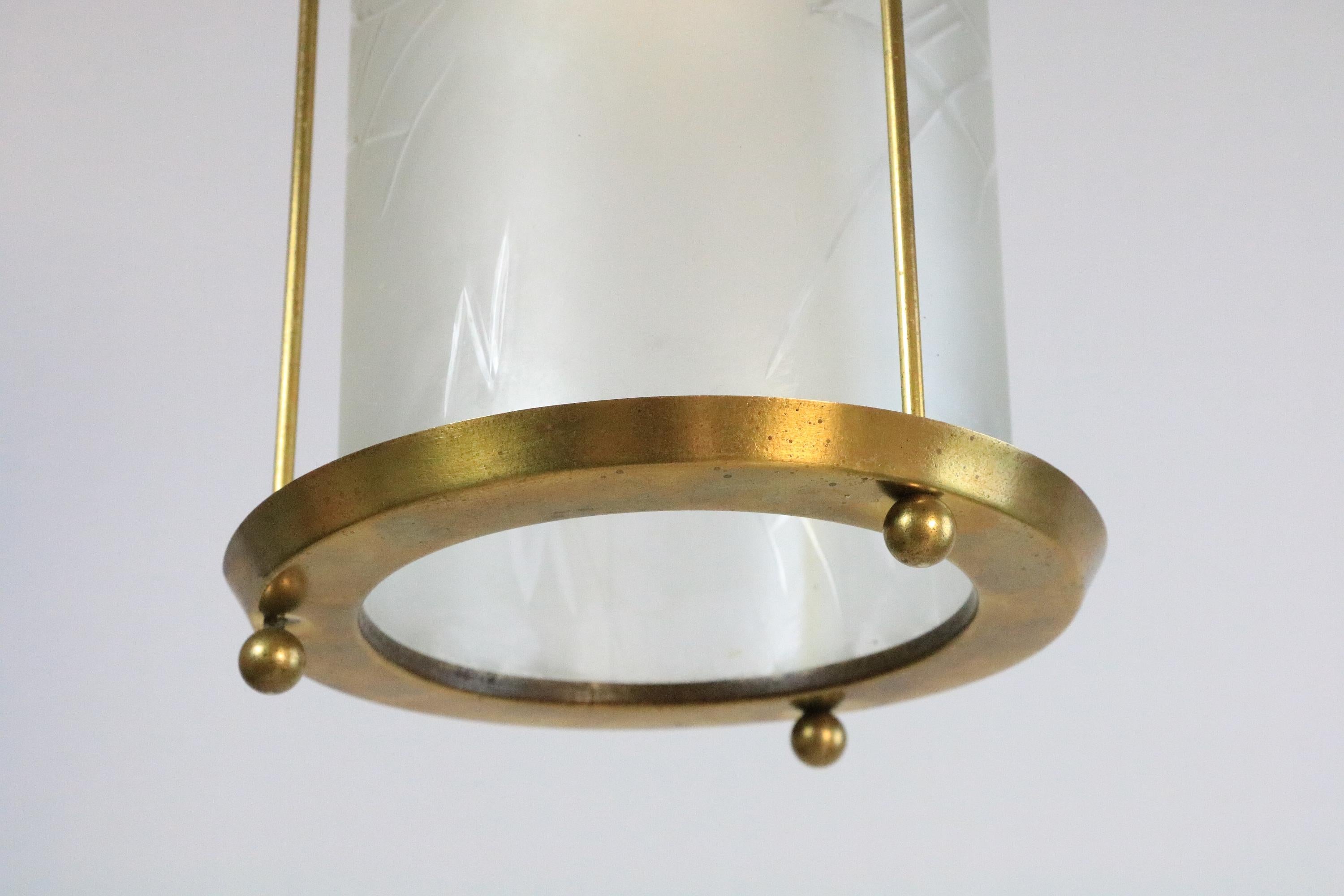 Original Art Deco Brass / Glass Lantern Hanging Light, 1920s For Sale 6