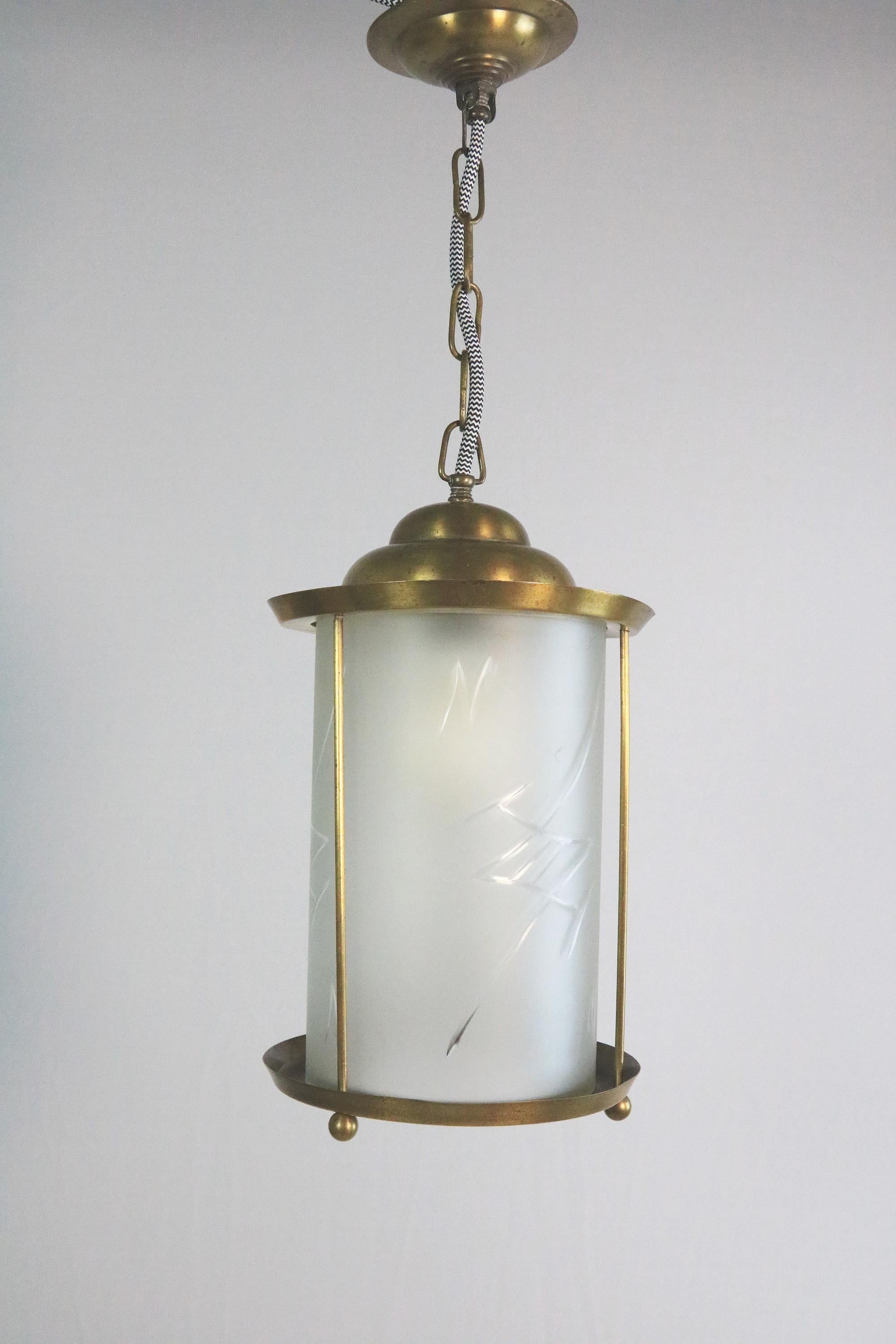 German Original Art Deco Brass / Glass Lantern Hanging Light, 1920s For Sale