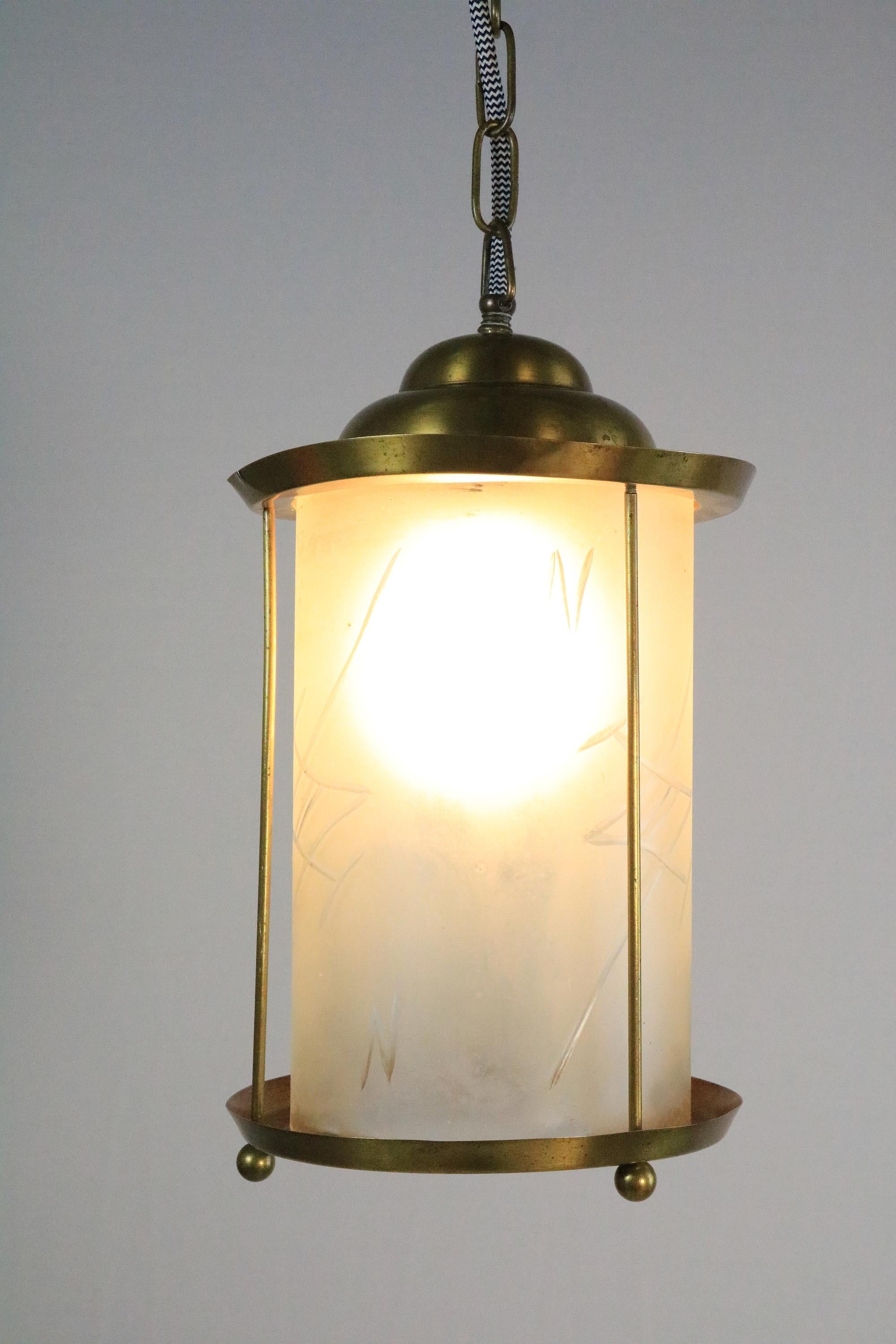 Original Art Deco Brass / Glass Lantern Hanging Light, 1920s In Good Condition For Sale In Berlin, BE