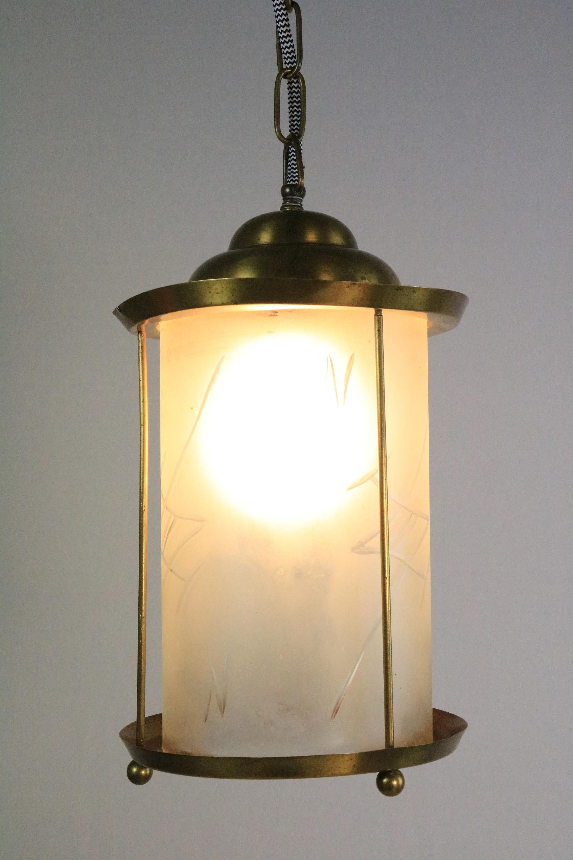 Early 20th Century Original Art Deco Brass / Glass Lantern Hanging Light, 1920s For Sale