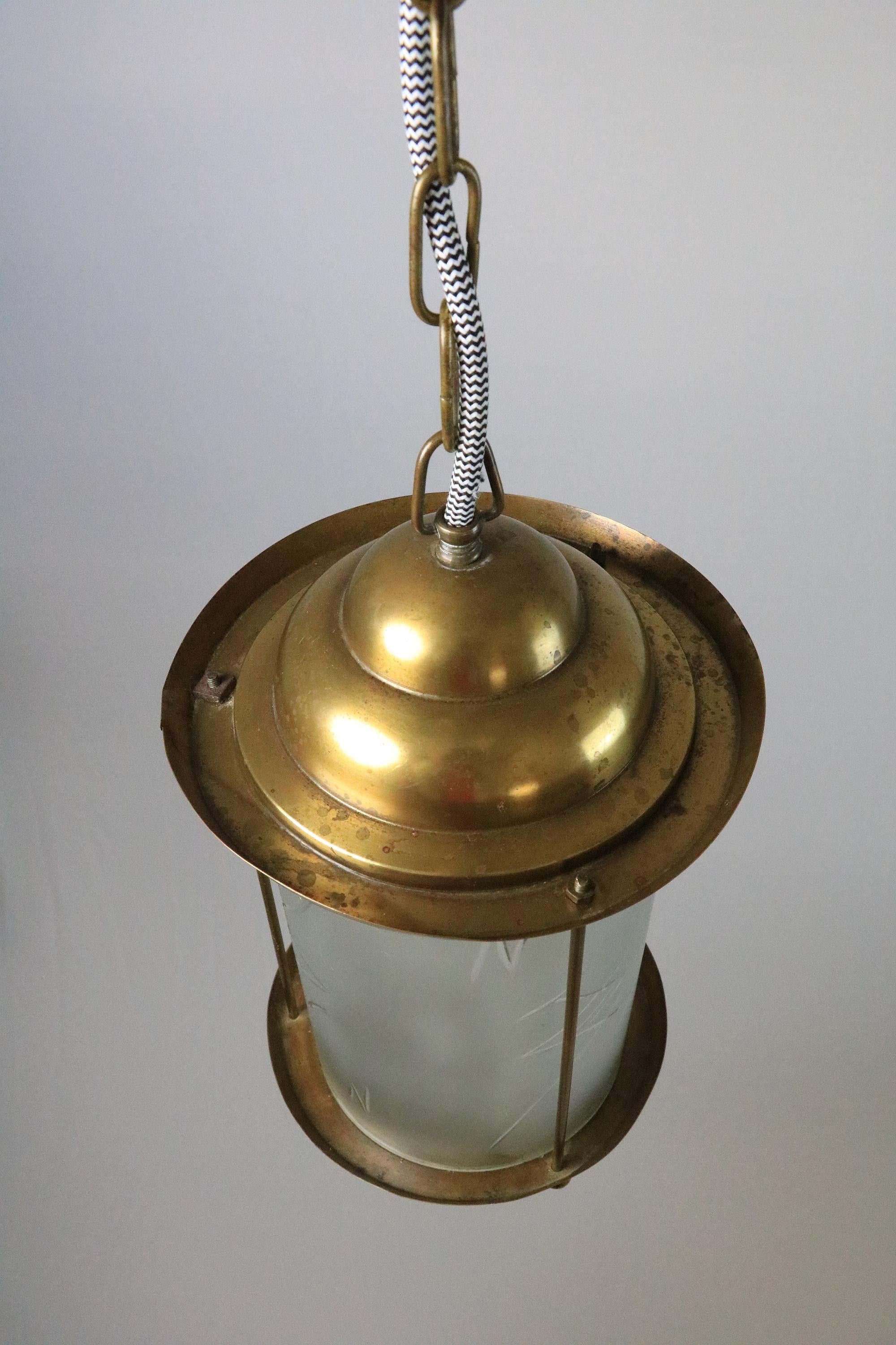 Original Art Deco Brass / Glass Lantern Hanging Light, 1920s For Sale 2
