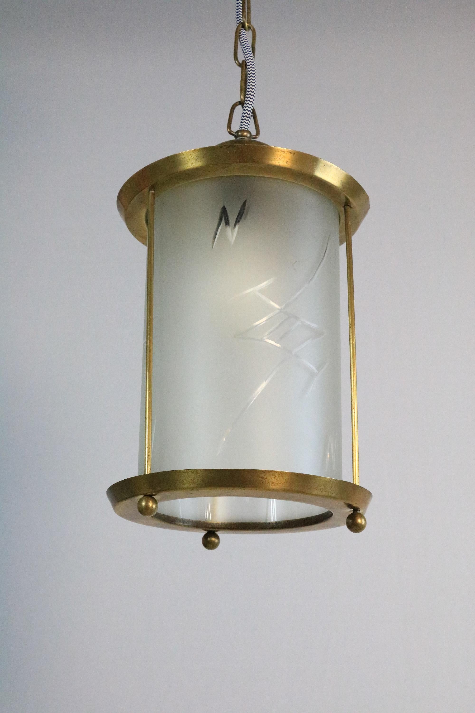 Original Art Deco Brass / Glass Lantern Hanging Light, 1920s For Sale 4