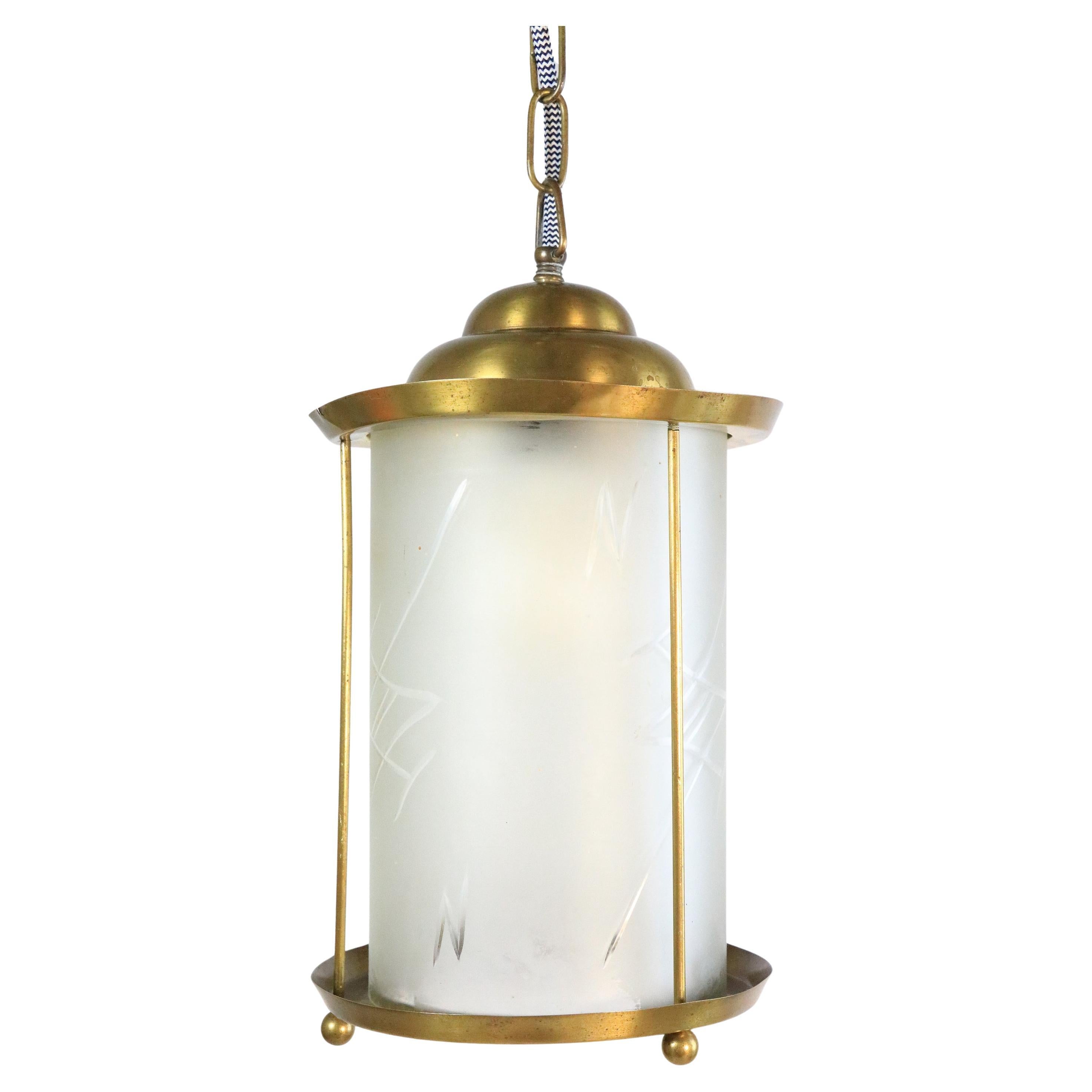 Original Art Deco Brass / Glass Lantern Hanging Light, 1920s
