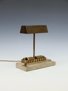 Original Art Deco Bronze Desk Lamp with Fossiliferous Limestone Base